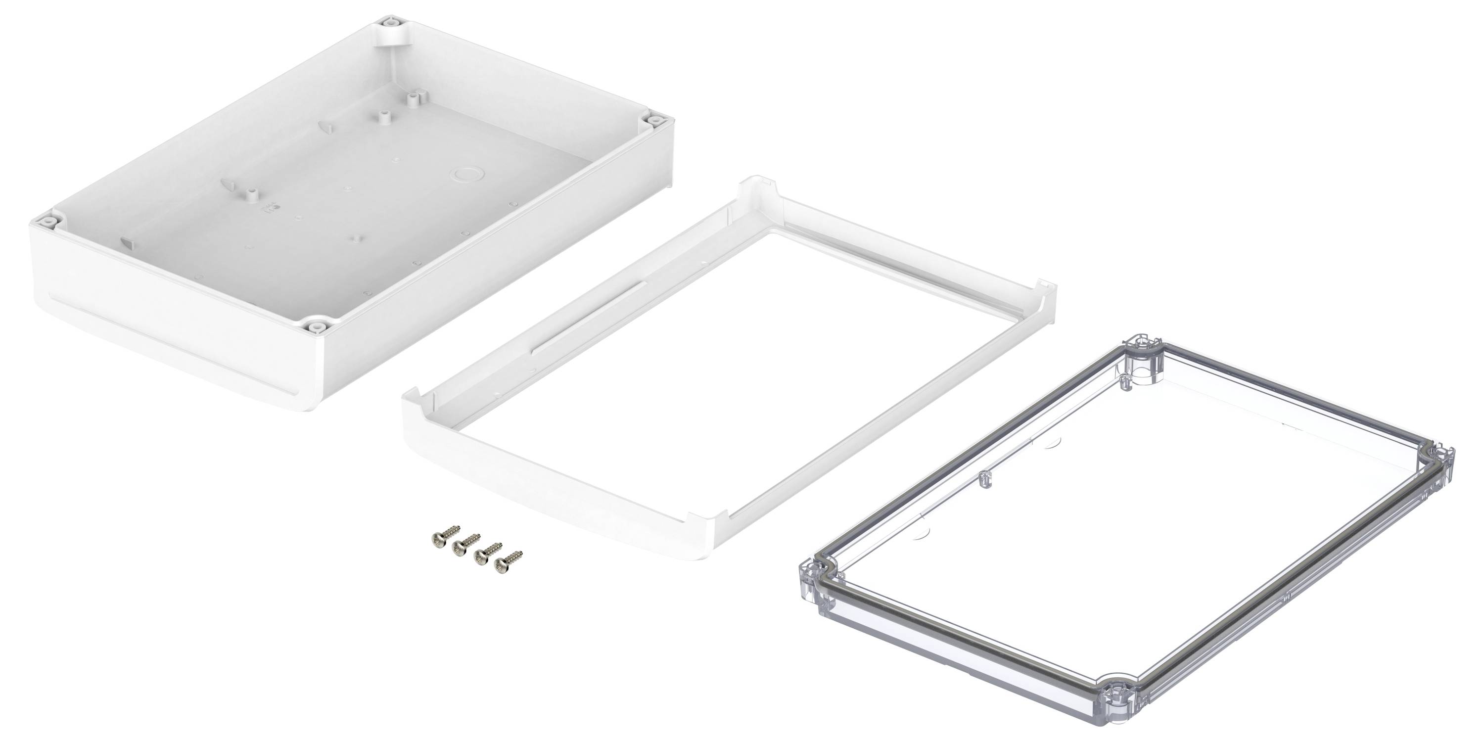 Obudowa rozłożona na trzy części: dolna część, część środkowa i przezroczysta górna część. Obok leżą cztery śruby.