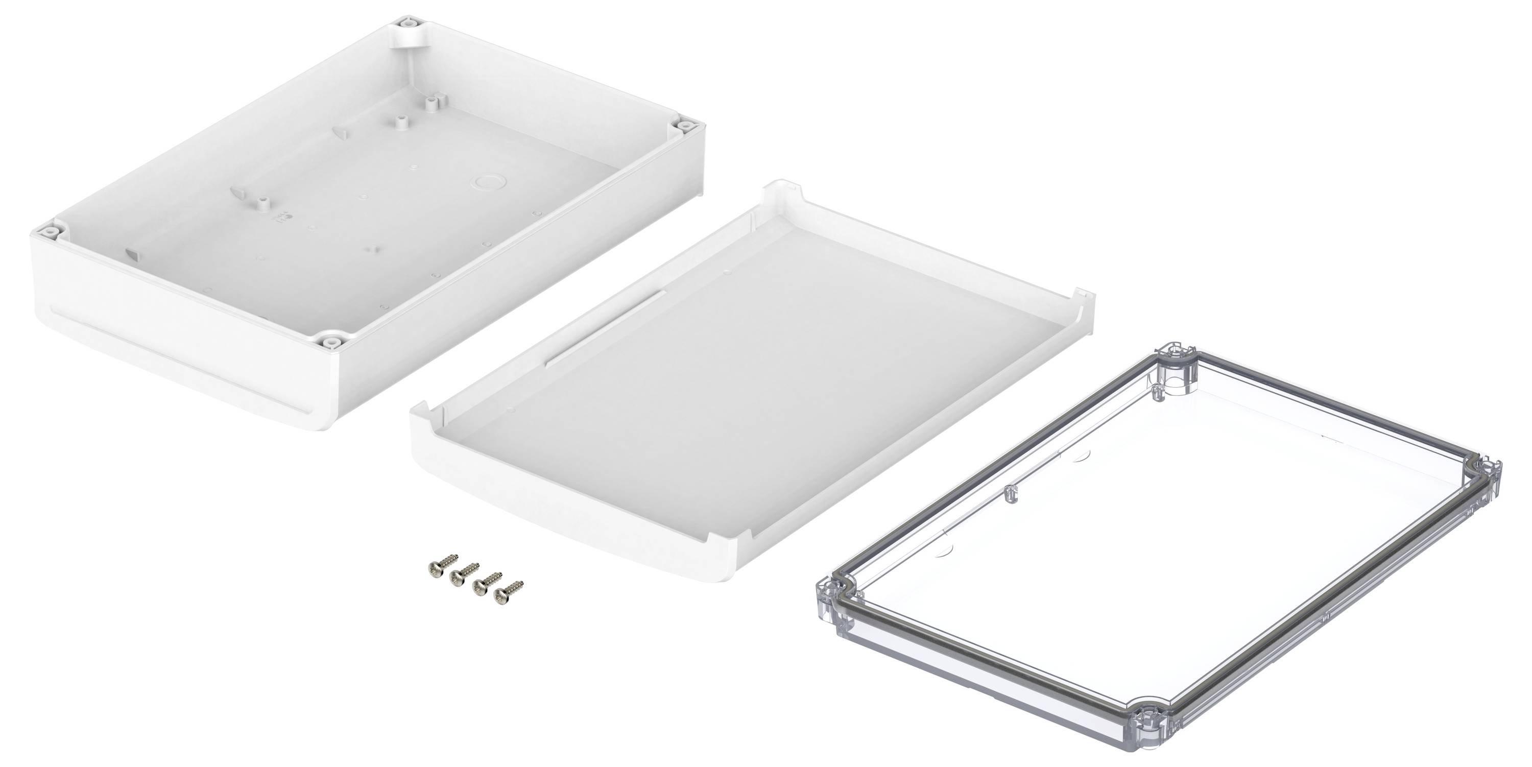 Wodoszczelna obudowa składająca się z trzech części: podstawowej misy, pośredniej osłony oraz przezroczystej pokrywy, z śrubami do montażu.