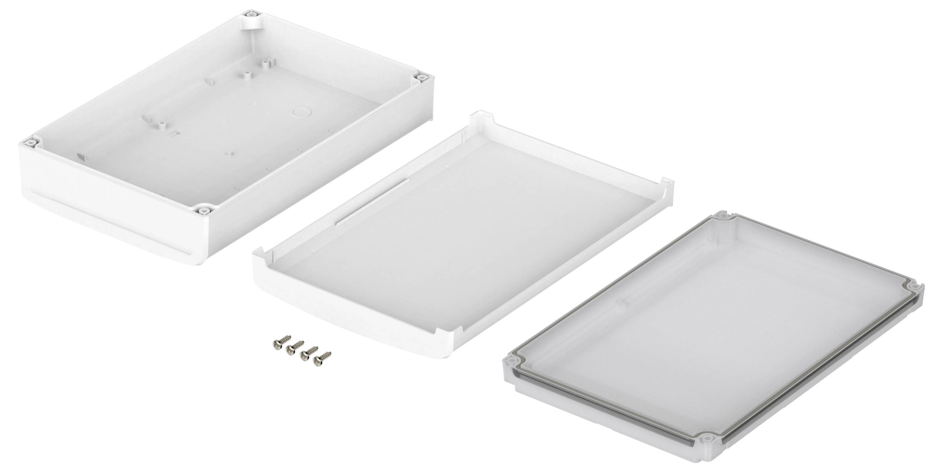 Białe obudowy z tworzywa sztucznego, składające się z trzech części i śrub, przeznaczone do elementów elektronicznych. Widoczne górna i dolna część.