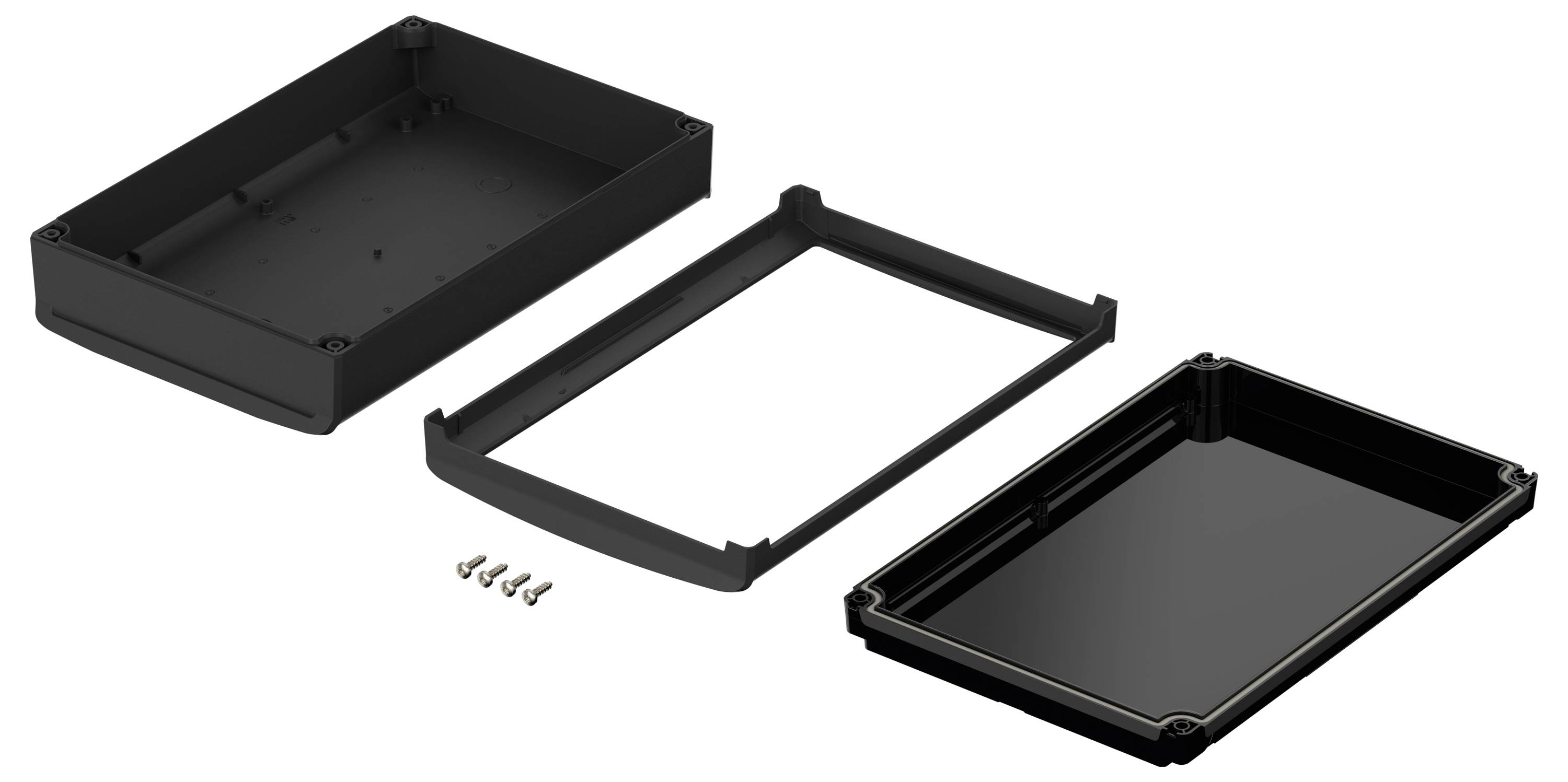 Czarna, prostokątna obudowa składająca się z trzech części, mocowana czterema śrubami.