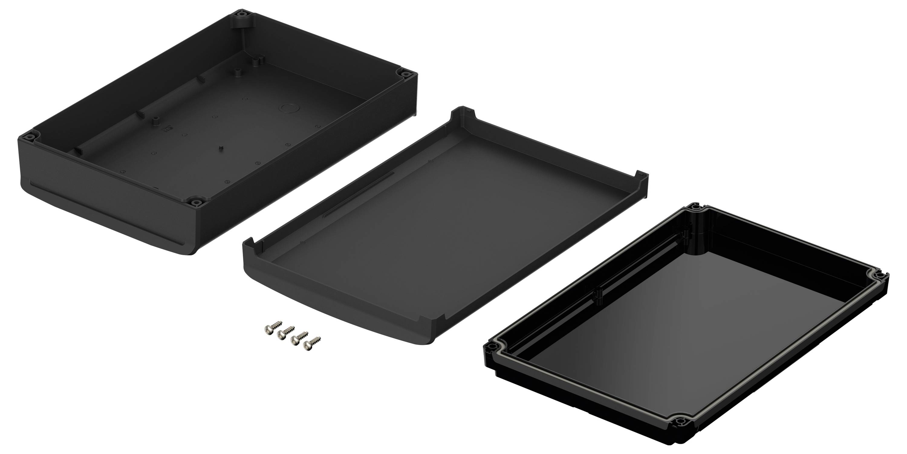 Czarna obudowa z tworzywa sztucznego jest rozmontowana na trzy części: pokrywę, część środkową i spód. Obok leży sześć śrub.