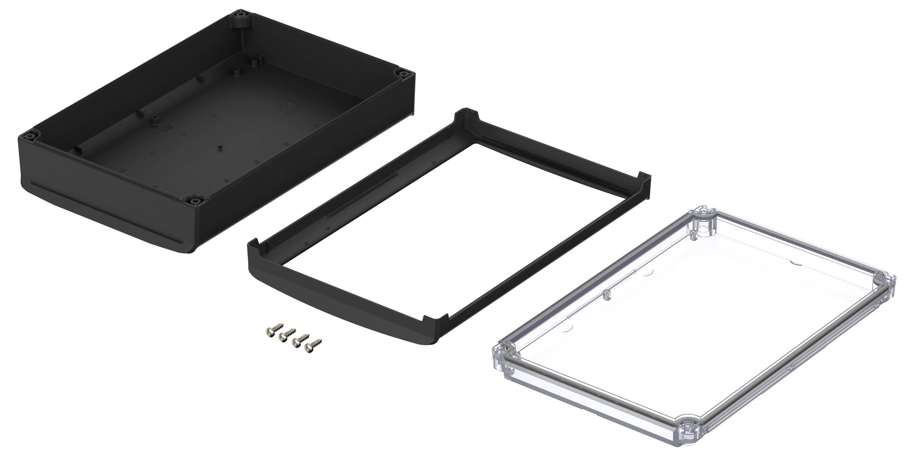 Czarna dolna część obudowy, przezroczysta pokrywa, metalowa rama i cztery śruby przedstawione w widoku rozłożonym.