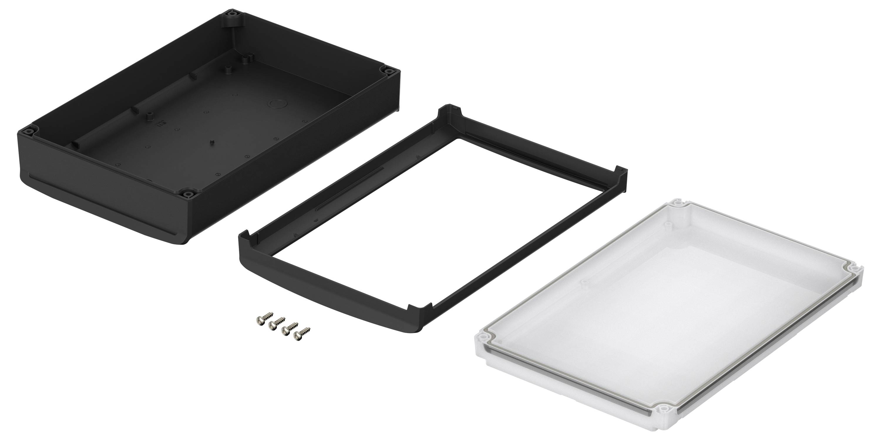 Obudowa elektroniczna w częściach: czarna dolna część, przezroczysta pokrywa, ramka pomiędzy nimi oraz cztery śruby.