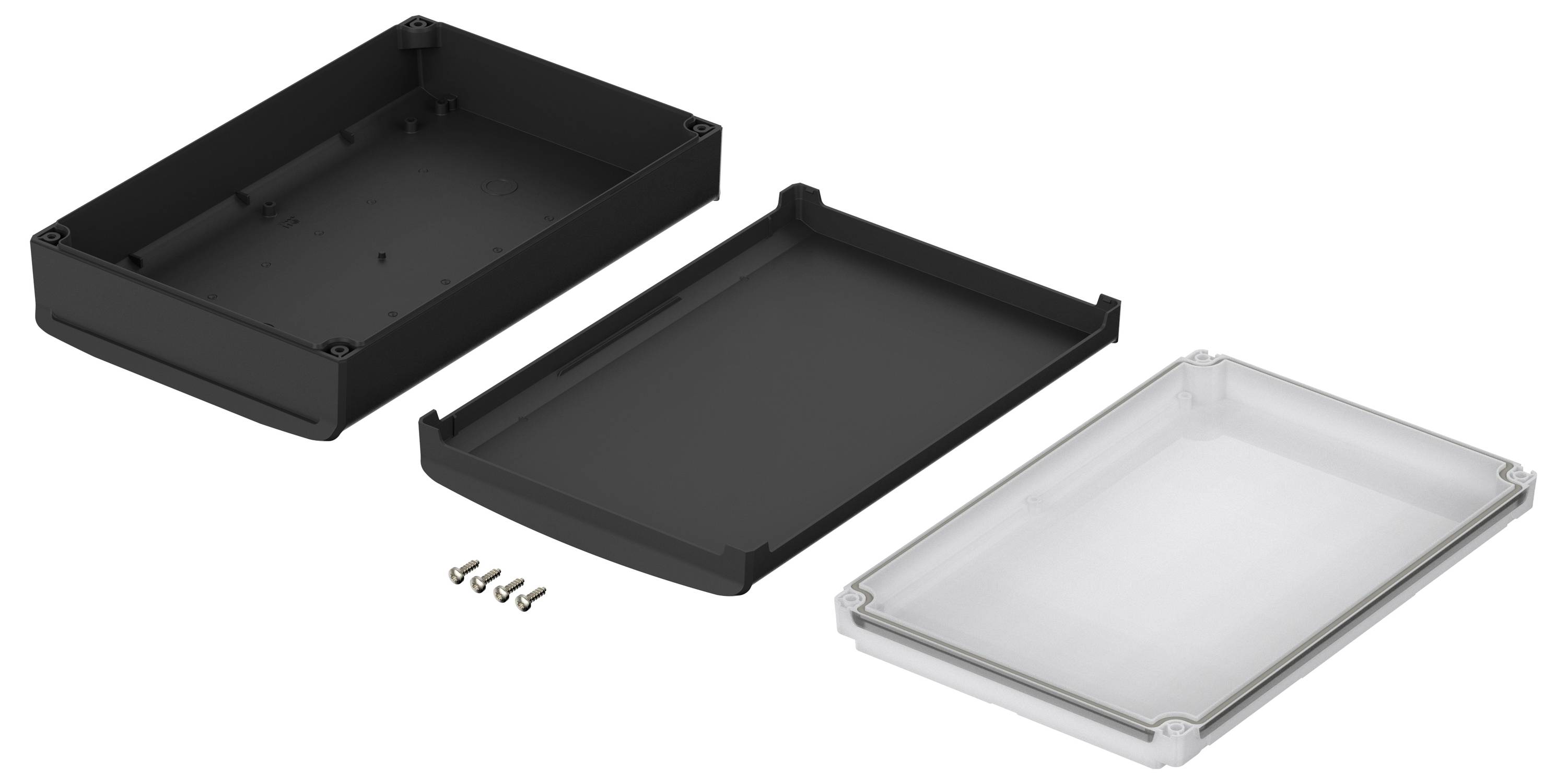 Zestaw obudowy składający się z trzech części: czarny spód, środkowa rama, przezroczysta pokrywa i cztery śruby.