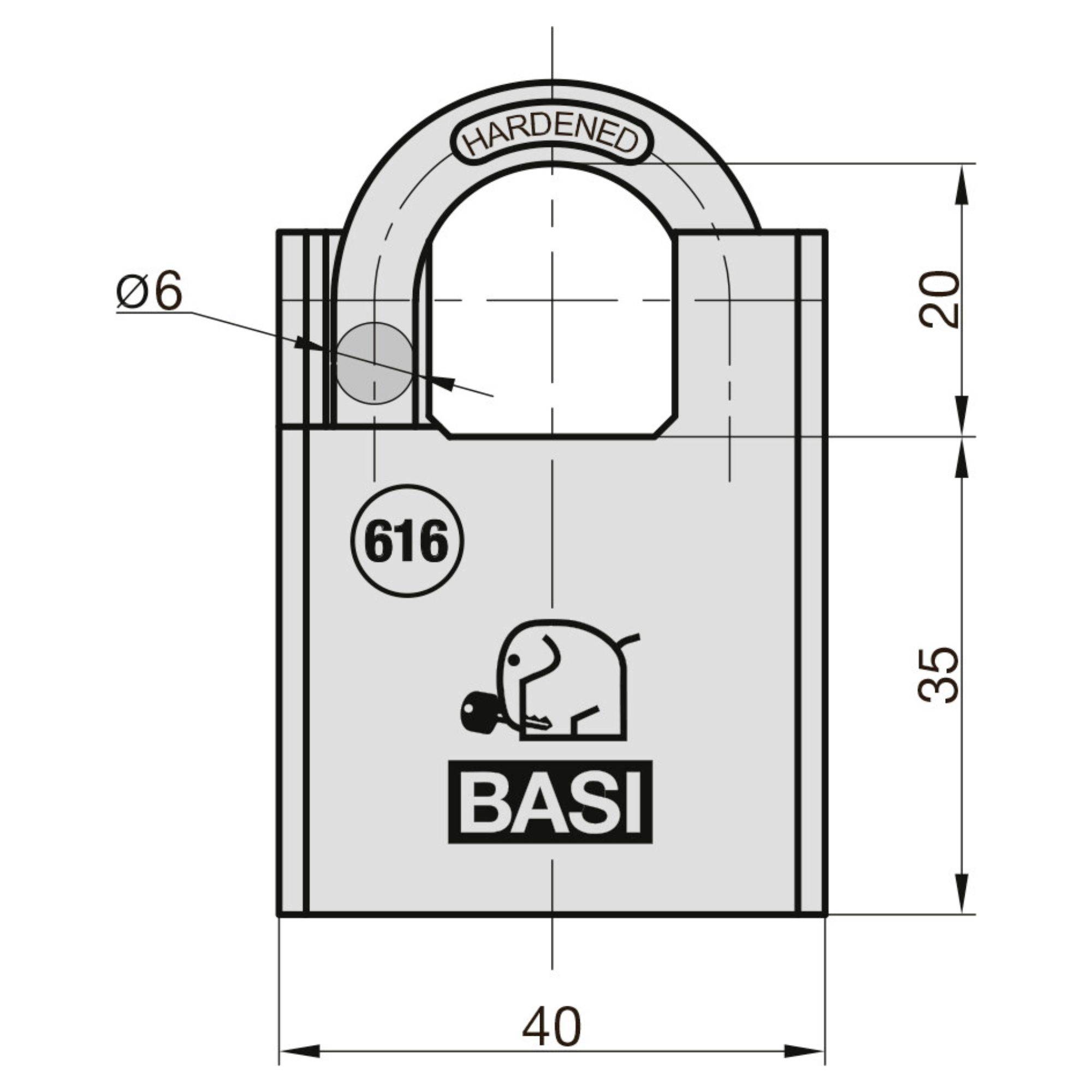 Diagram kłódki z wymiarami: wysokość całkowita 55 mm, szerokość 40 mm, średnica trzpienia 6 mm. Marka 'BASI' i model '616'.