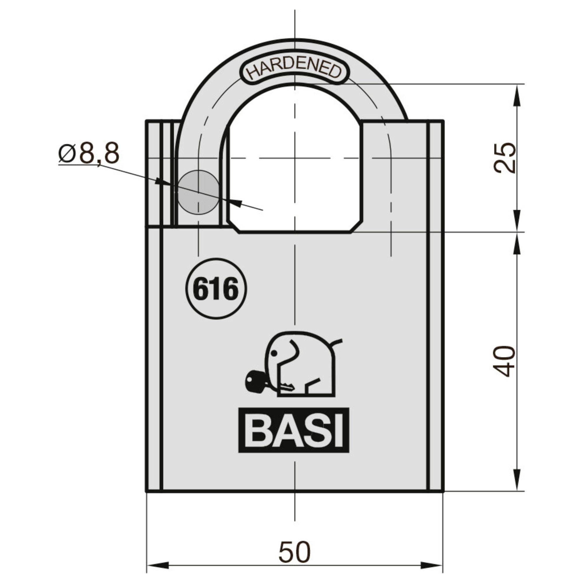 Kłódka o wymiarach: 50 mm szerokości, 40 mm wysokości, średnica zaczepu 8,8 mm. Marka 'BASI', model '616', hartowany zaczep.