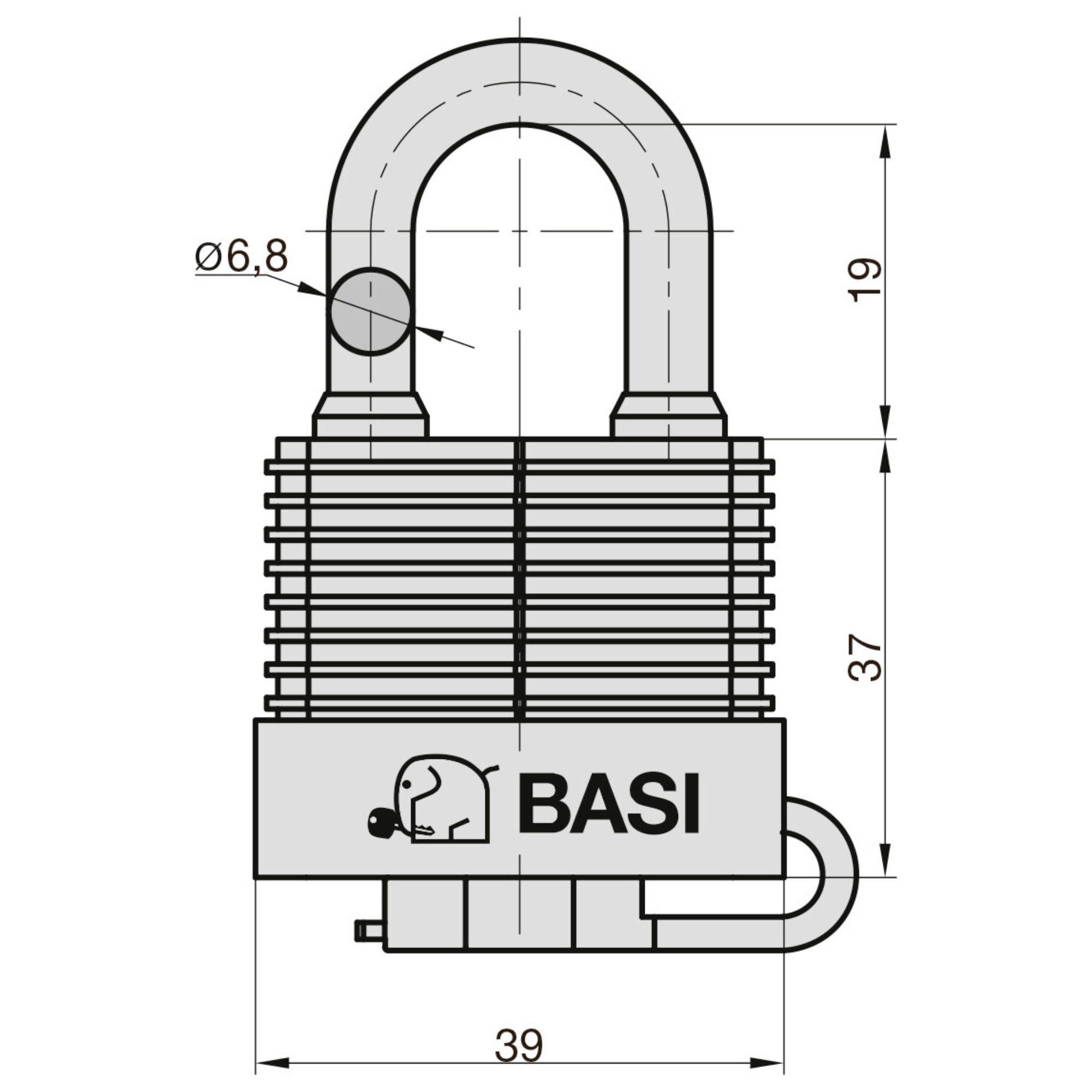 Techniczny rysunek kłódki z wymiarami: wysokość 37 mm, szerokość 39 mm, średnica 6,8 mm. Logo z napisem 'BASI'.