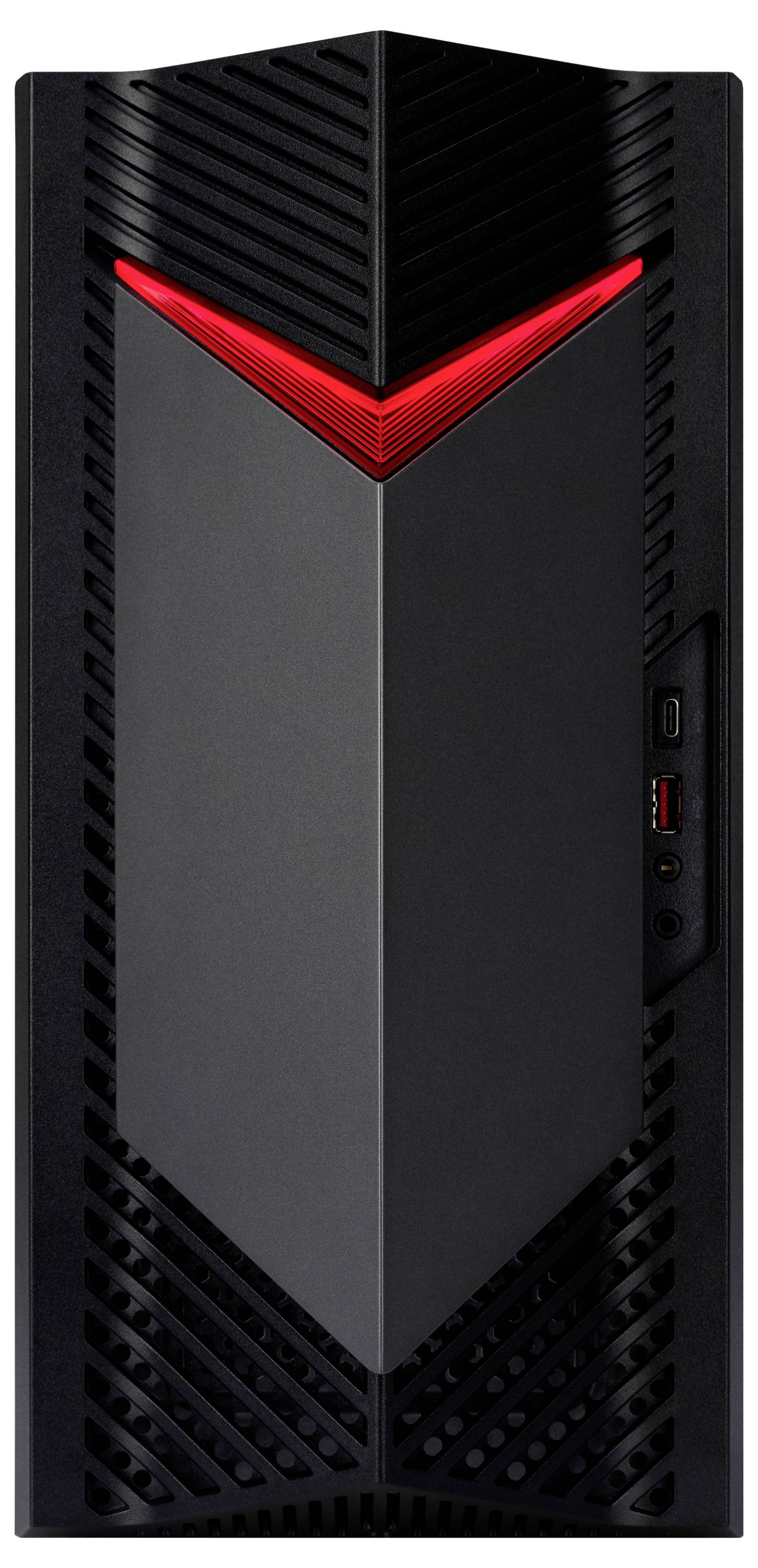 Czarna obudowa komputerowa z czerwonym paskiem LED, o prostokątnym kształcie, z portami USB z boku. Nowoczesny design dla komputerów do gier.