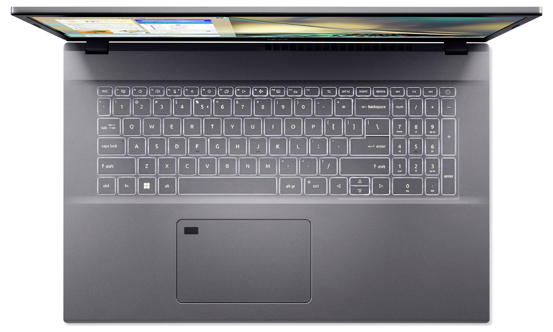 Laptop widziany z góry, ekran jest lekko uchylony. Widoczna jest klawiatura i touchpad.