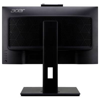 Widok z tyłu czarnego monitora Acer z trójkątnym wzorem. Podstawa monitora zapewnia stabilne podparcie i umożliwia regulację jego ustawienia.