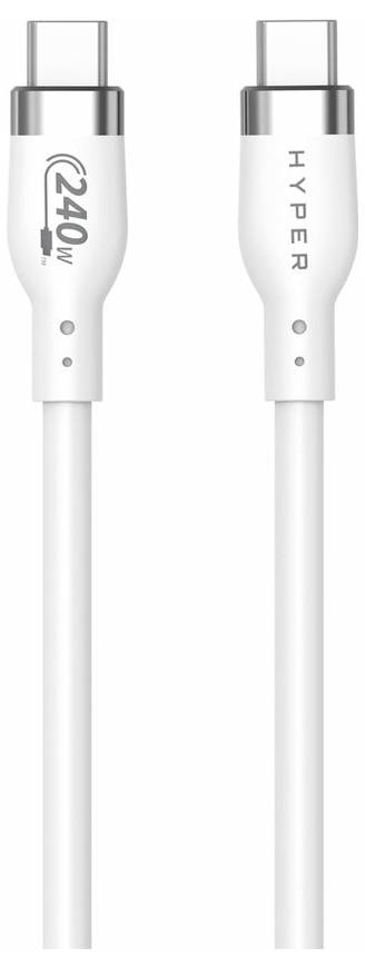 Dwa białe końcówki przewodu USB-C. Po lewej stronie nadruk '240W', po prawej 'HYPER'. Odpowiednie do ładowania o wysokiej mocy oraz przesyłu danych.