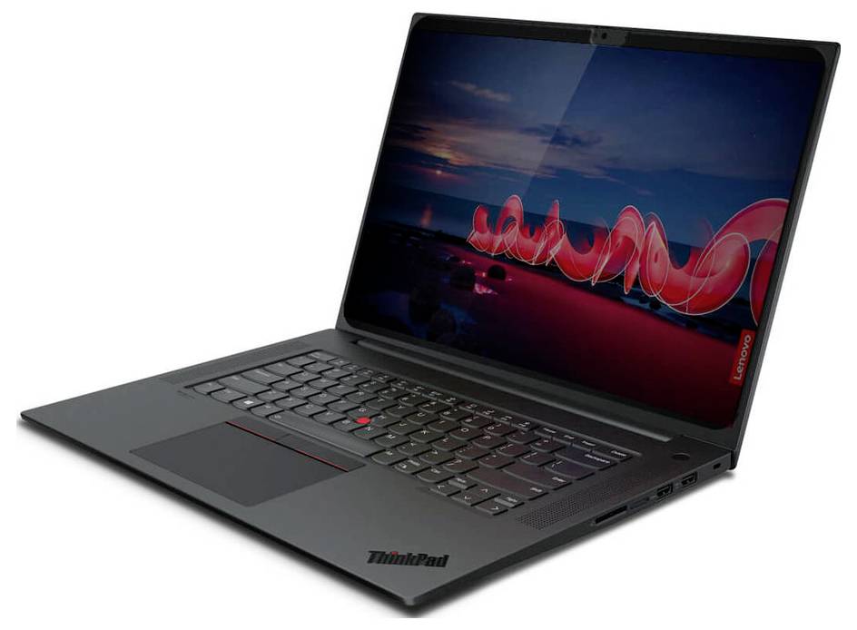 Ciemny laptop z czarną klawiaturą i czerwonym punktem TrackPoint. Na ekranie widoczne jest abstrakcyjne tło w kolorach czerwonym i czarnym.