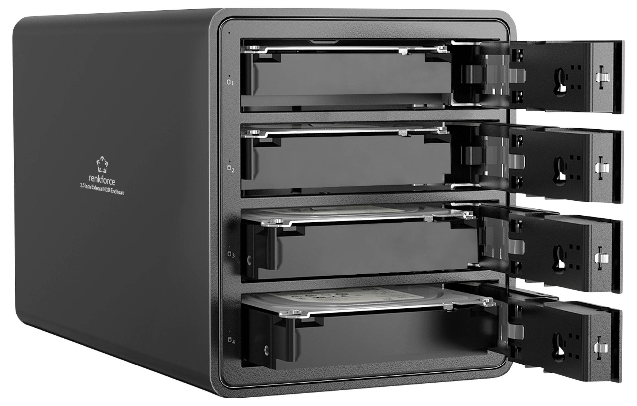 Obudowa dysku twardego z czterema wysuwanymi kieszeniami na dyski twarde.