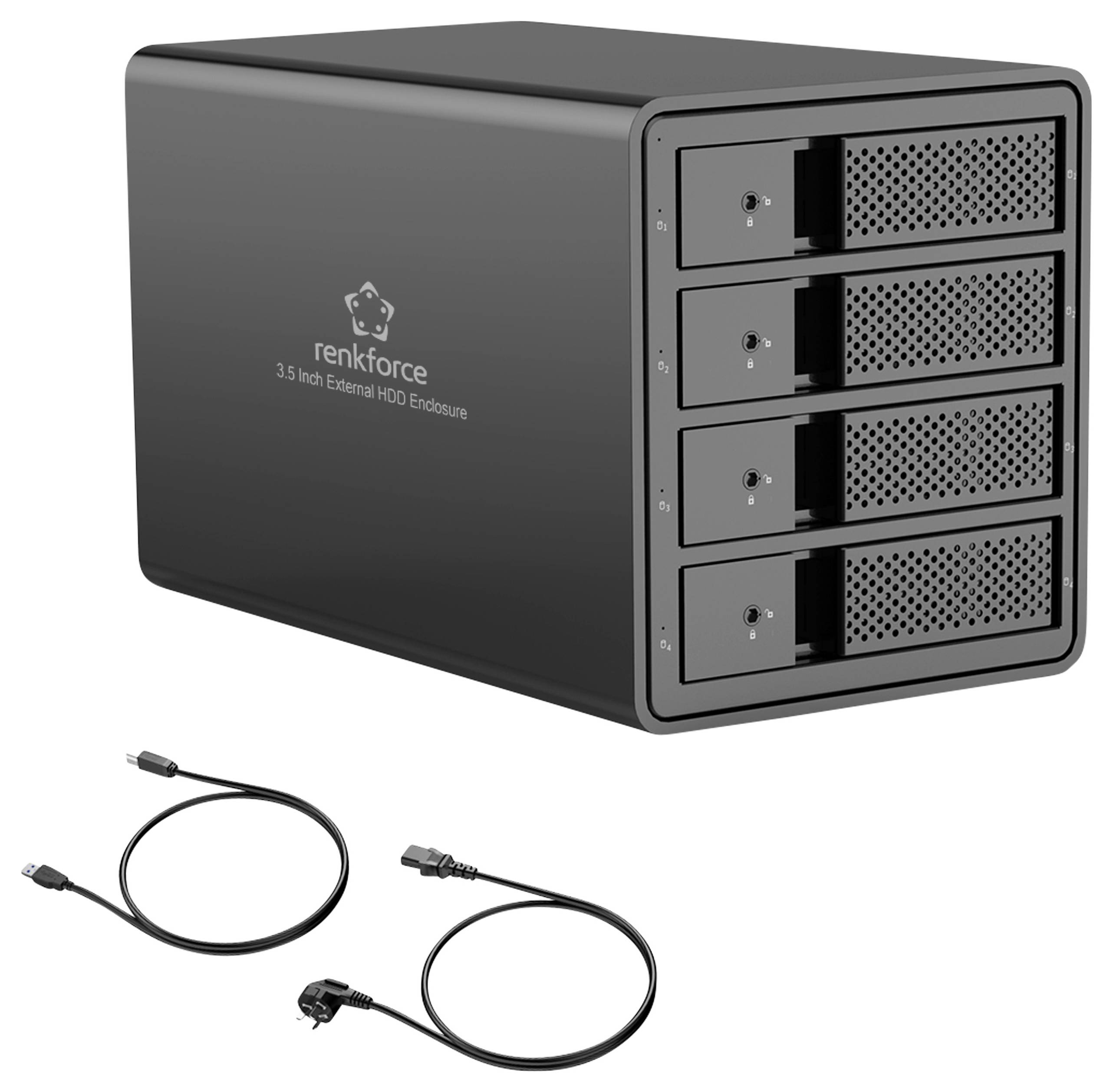 Zewnętrzna obudowa dysku twardego z czterema slotami na dyski 3,5 cala. W zestawie dwa kable przyłączeniowe z wtyczkami USB i zasilania.
