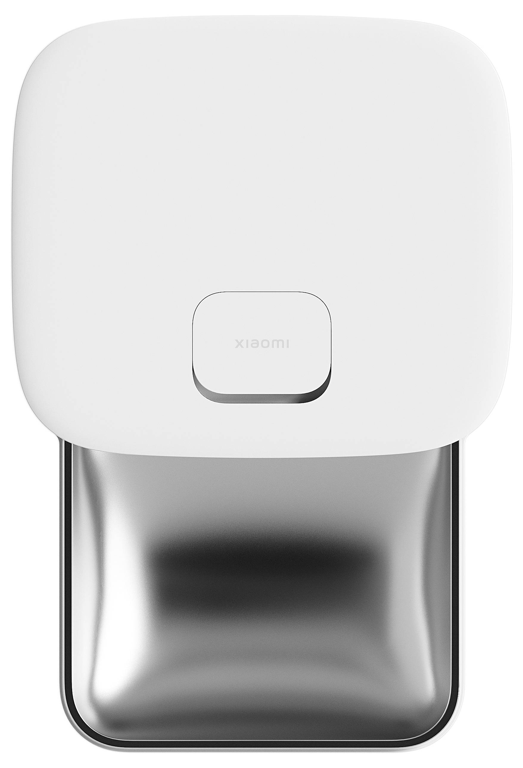Biały i srebrny automatyczny dozownik mydła o prostym, nowoczesnym designie.