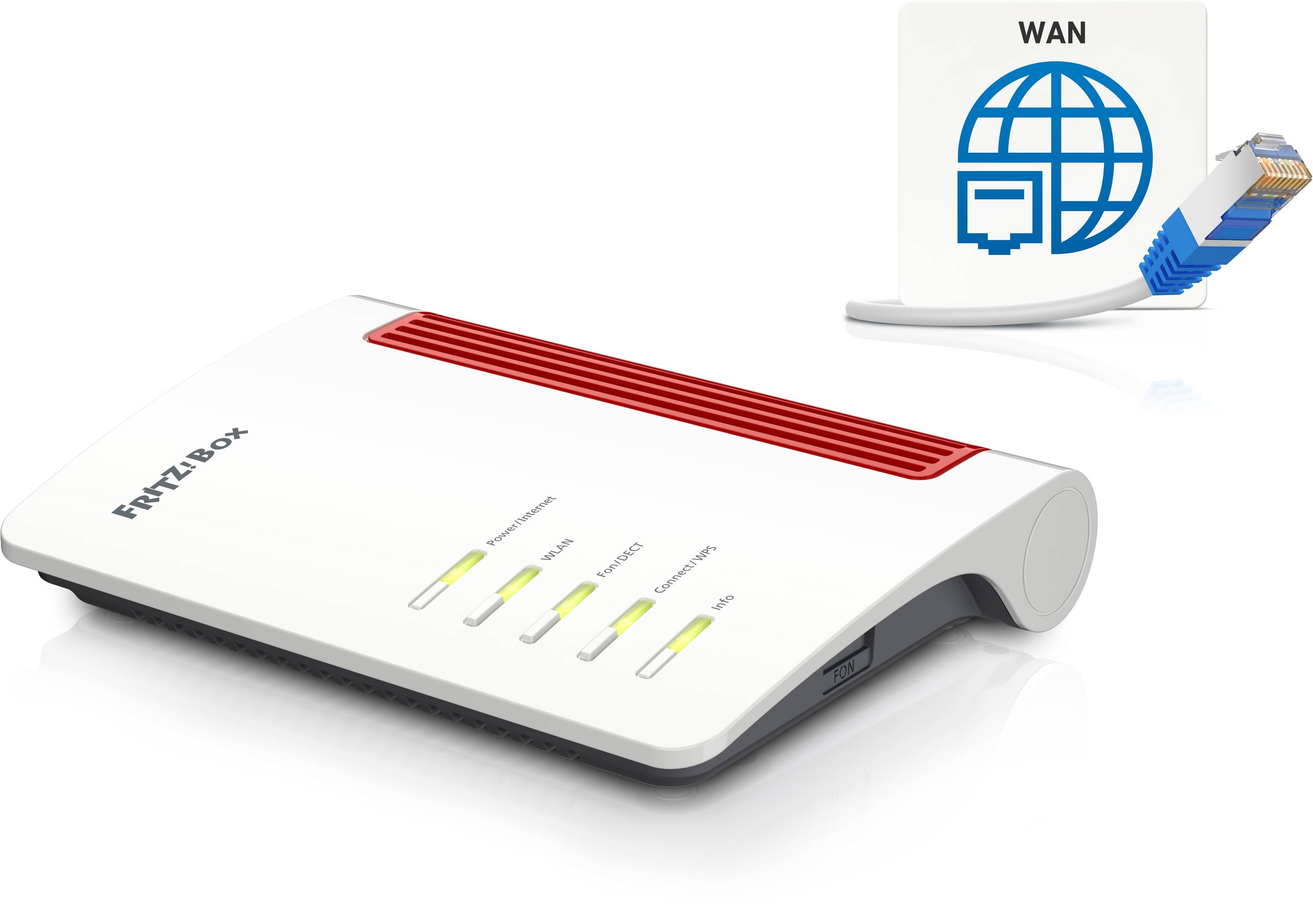 Biały router z czerwonymi elementami, oznaczony napisem 'FRITZ!Box'. Na tle symbol połączenia internetowego (WAN) z wtyczką.