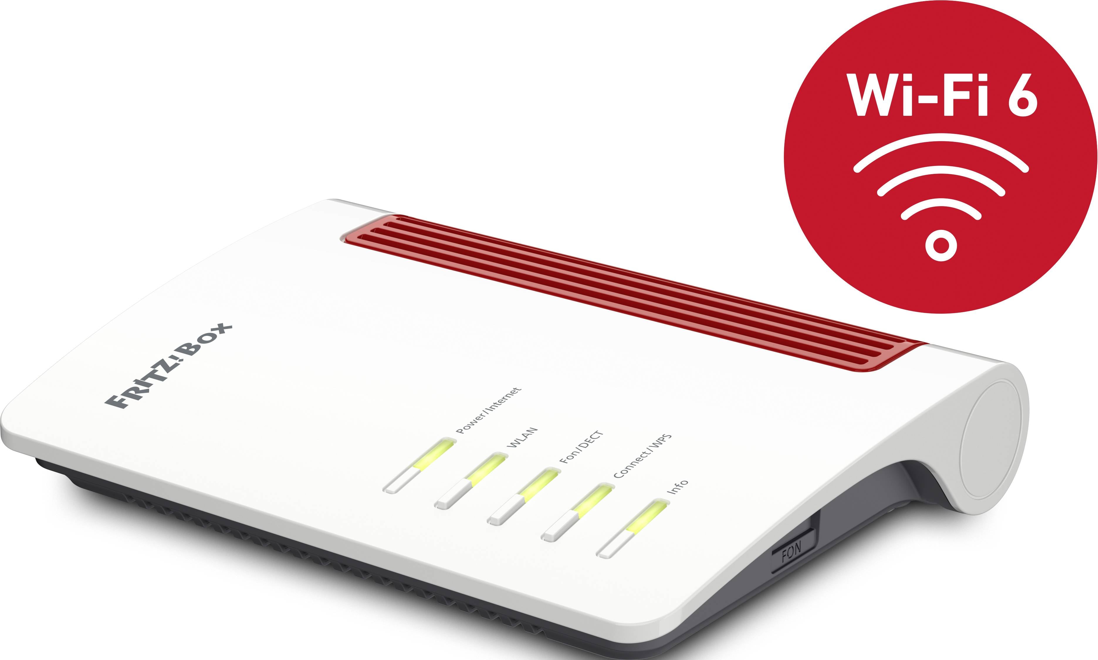 Biały router Wi-Fi z czerwonymi akcentami, obsługujący standard 'Wi-Fi 6'. Z przodu cztery świecące wskaźniki stanu, reprezentujące różne funkcje.