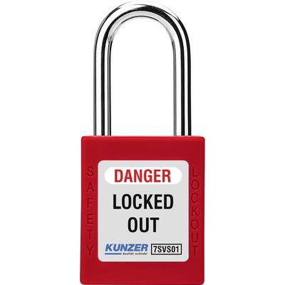 Czerwona kłódka bezpieczeństwa z napisem 'DANGER LOCKED OUT'. Dodatkowo oznaczona napisem 'SAFETY LOCKOUT'.