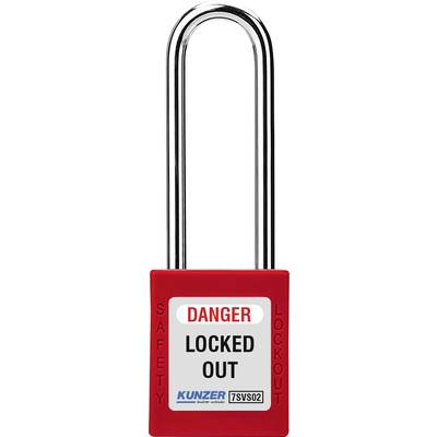 Czerwono-czarna kłódka z napisem 'DANGER LOCKED OUT', używana do zabezpieczania sprzętu w ramach środków bezpieczeństwa.