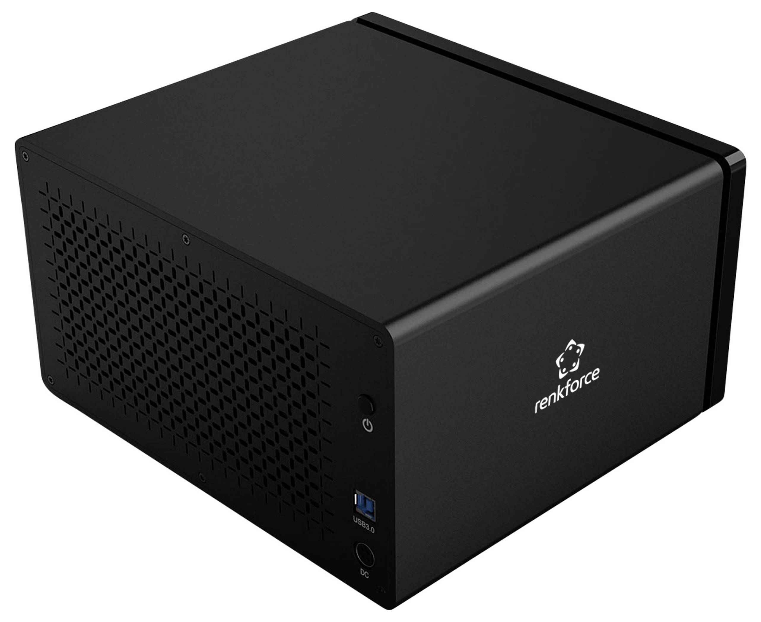 Czarno-prostokątna obudowa z nazwą marki 'renkforce' na przedniej stronie, widoczne gniazda USB i audio.