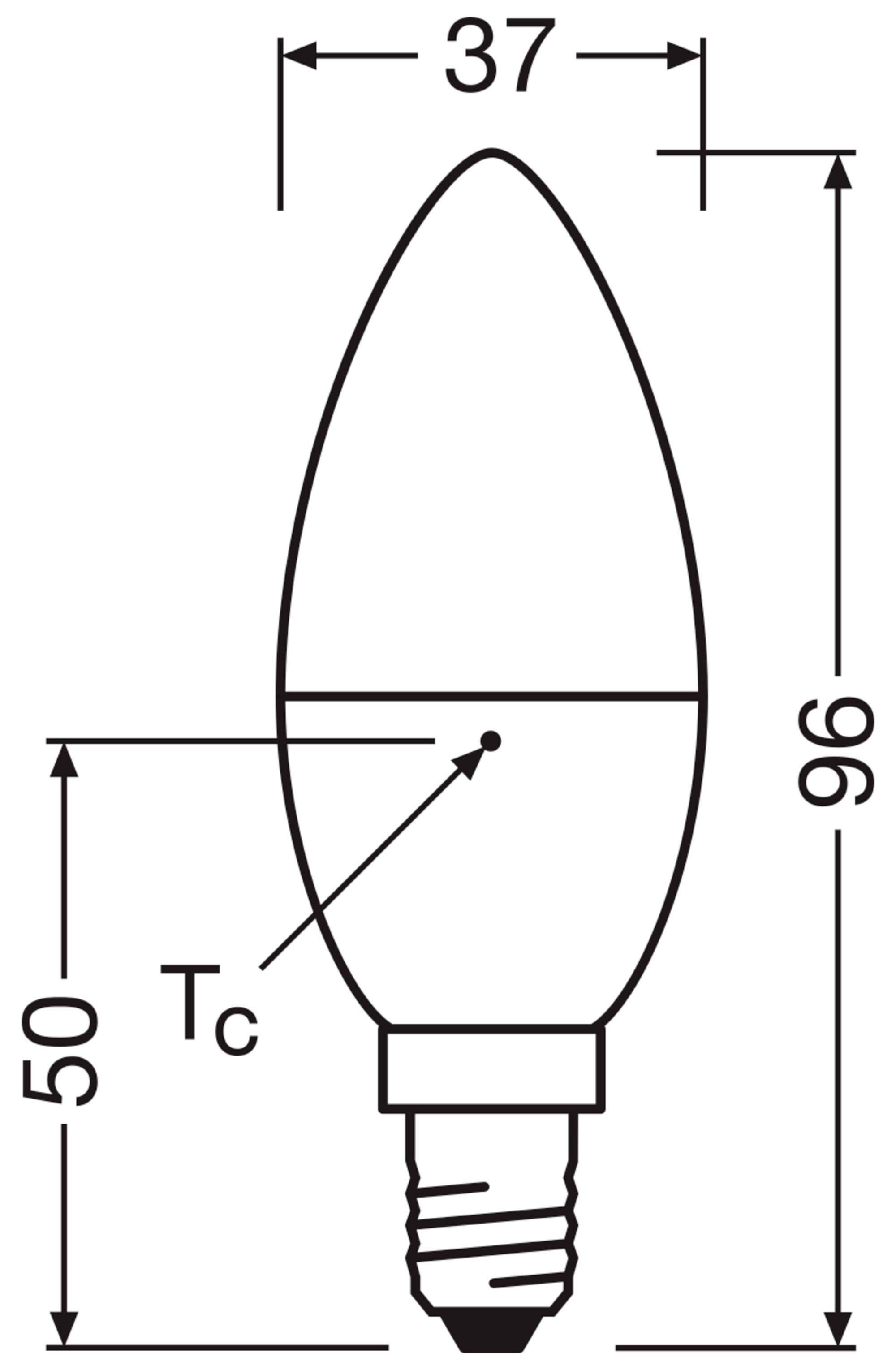 Rysunek żarówki z wymiarami: długość 96 mm, szerokość 37 mm. Punkt 'Tc' wskazuje miejsce pomiaru temperatury.