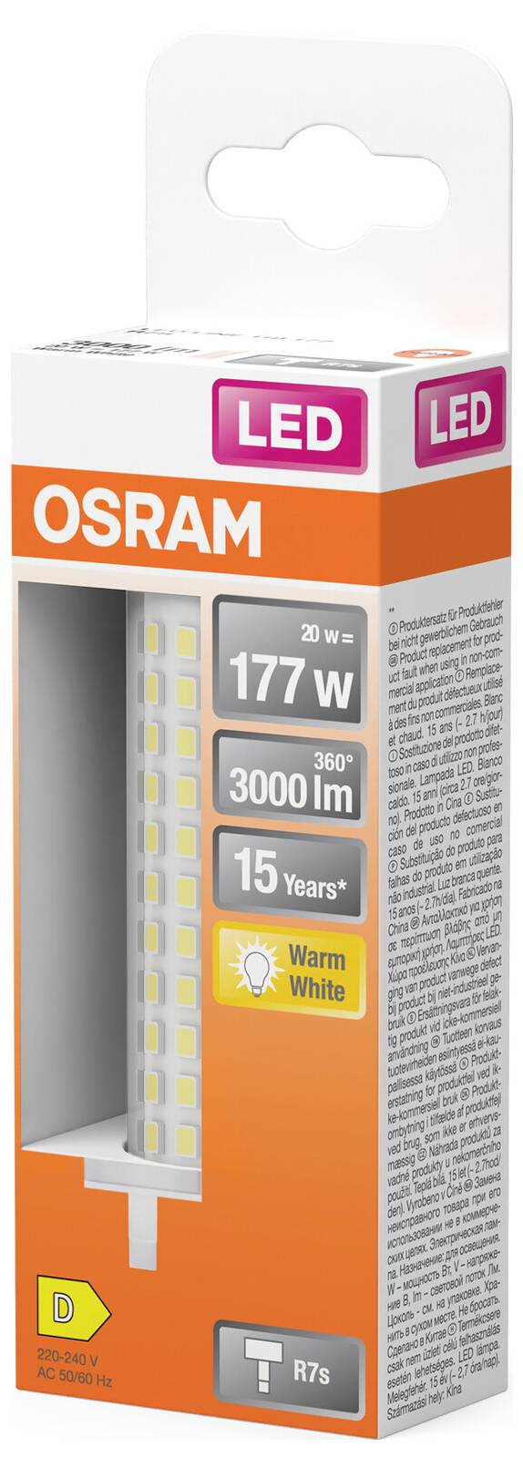 Żarówka LED marki Osram w opakowaniu. Dane: 20 watów, odpowiednik 177 watów, 3000 lumenów, 360°, 15 lat, ciepła biel.