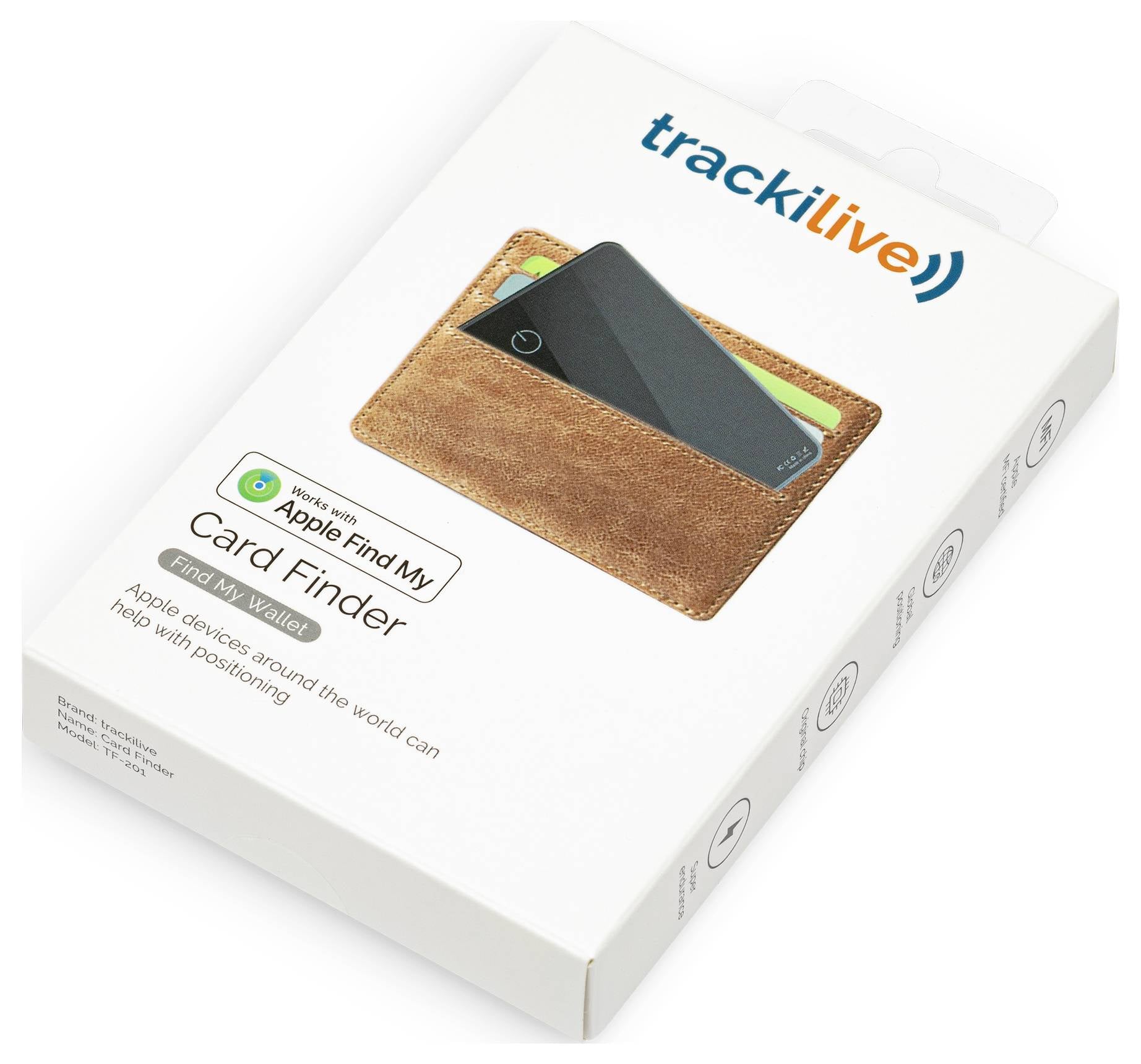Opakowanie karty do śledzenia lokalizacji kompatybilnej z 'Apple Find My'. Karta prezentowana w brązowym etui.