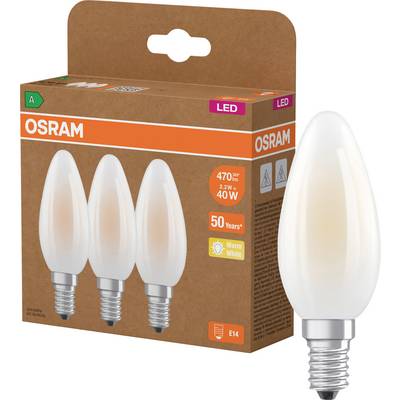 Opakowanie żarówek LED OSRAM w kształcie świecy z trzema żarówkami na zdjęciu; etykiety pokazują odpowiednik 40W, ciepłe białe światło, E14 i klasę energetyczną A.