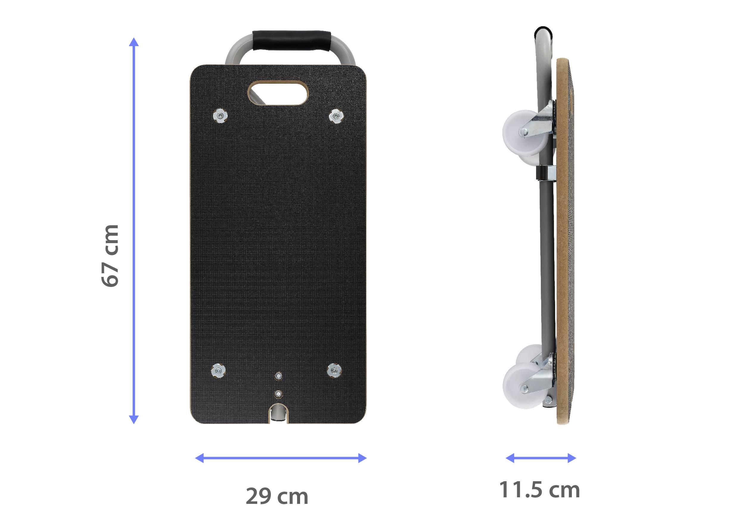 Wózek składany o wymiarach 67 cm wysokości, 29 cm szerokości i 11,5 cm głębokości. Wyściełana rękojeść na górze i cztery kółka na dole. Idealny do transportu.