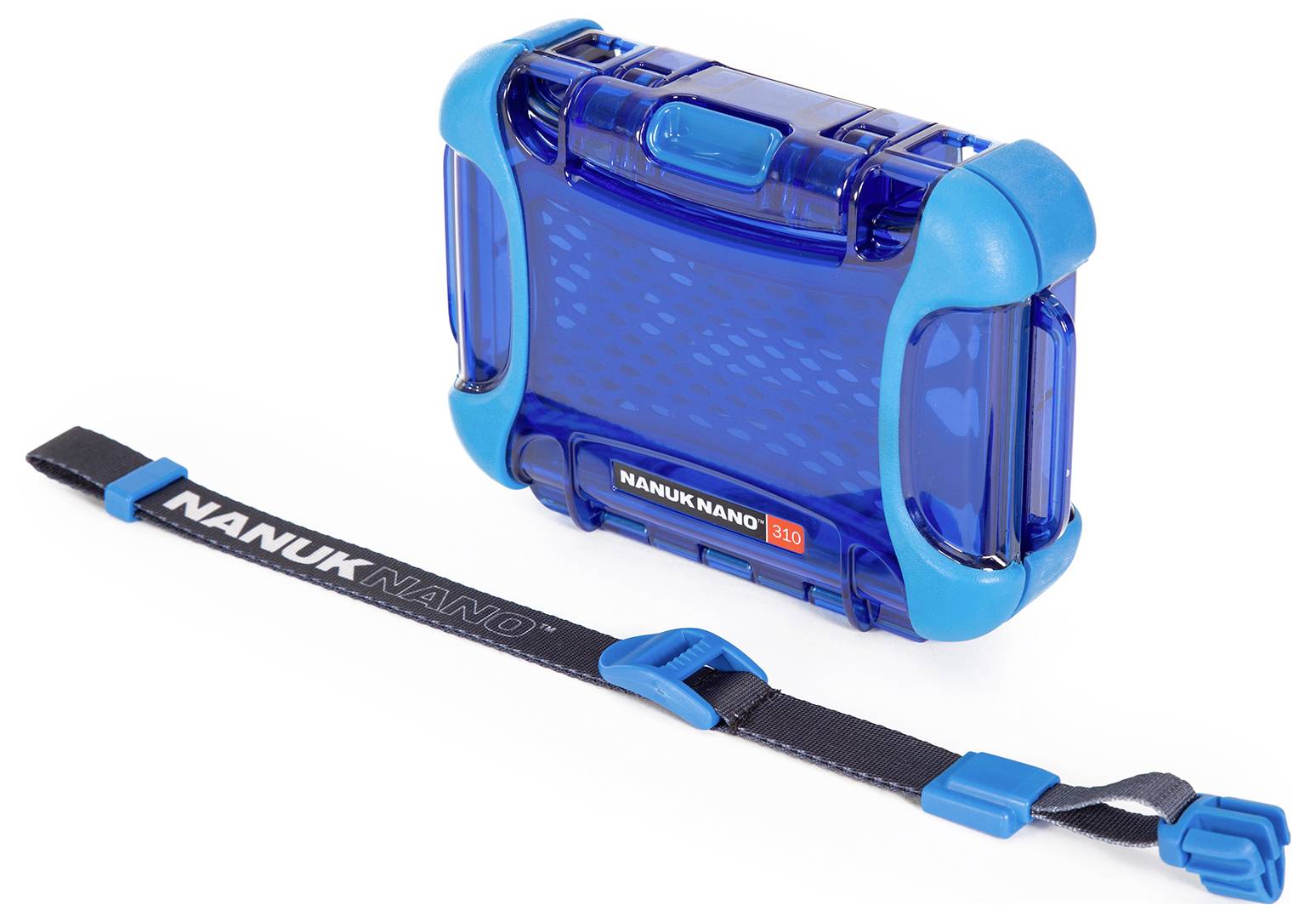 Niebieskie, przenośne twarde etui, wytrzymałe i wodoodporne, o nazwie 'NANUK NANO', obok czarny, regulowany pasek.