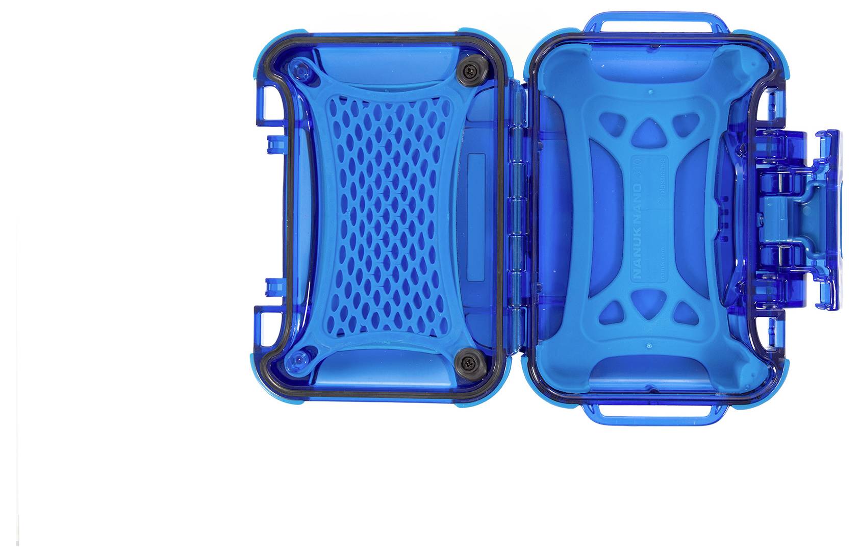 Niebieski, otwarty walizka twarda z dwoma komorami. Walizka posiada uchwyty i pokazuje kratki wentylacyjne w obu połówkach.