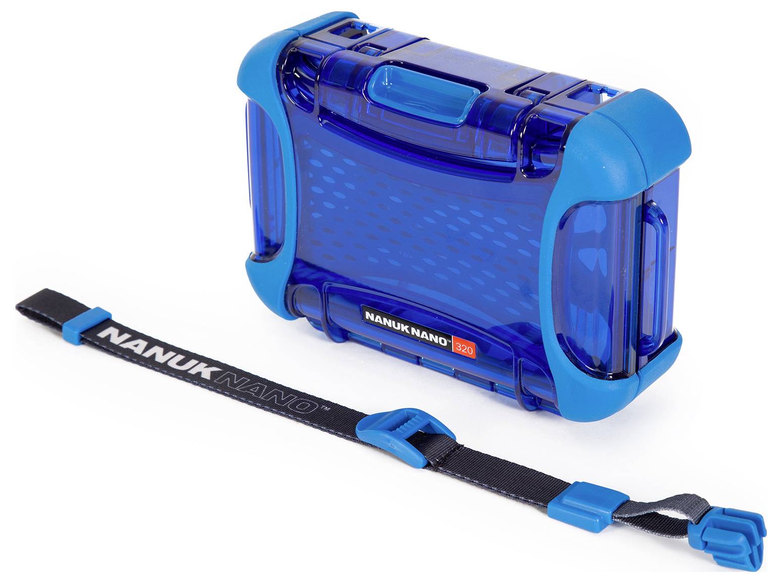 Niebieskie, prostokątne etui ochronne Nanuk Nano 330 z tworzywa sztucznego z dopasowanym paskiem, zaprojektowane do zabezpieczania małych przedmiotów.