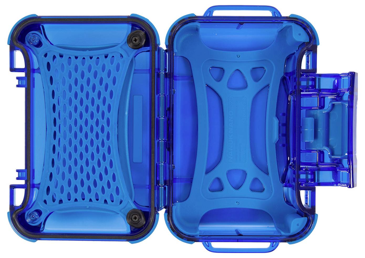 Niebieski, otwarty kufer z przezroczystą pokrywą i podzieloną strukturą wewnętrzną, odpowiedni do przechowywania małych przedmiotów.