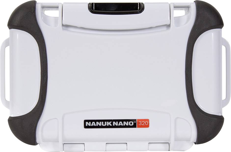 Biała, wytrzymała obudowa ochronna z czarnym uchwytem i zamykaną klapką, oznaczona logo 'Nanuk Nano 320'.