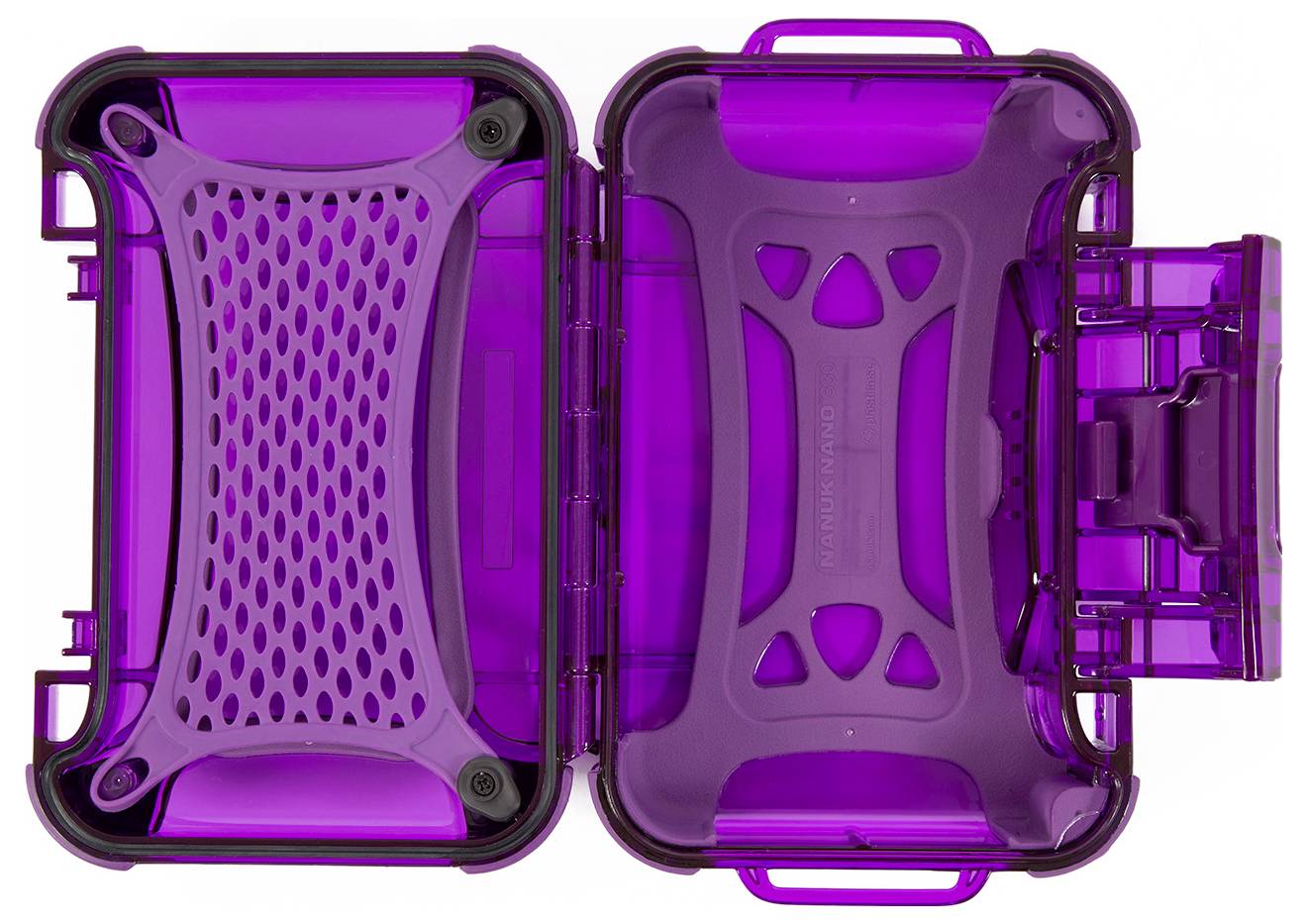 Liliowa, otwarta plastikowa skrzynka z siateczkową kieszenią po lewej stronie i paskiem pośrodku. Odpowiednia do przechowywania małych przedmiotów.