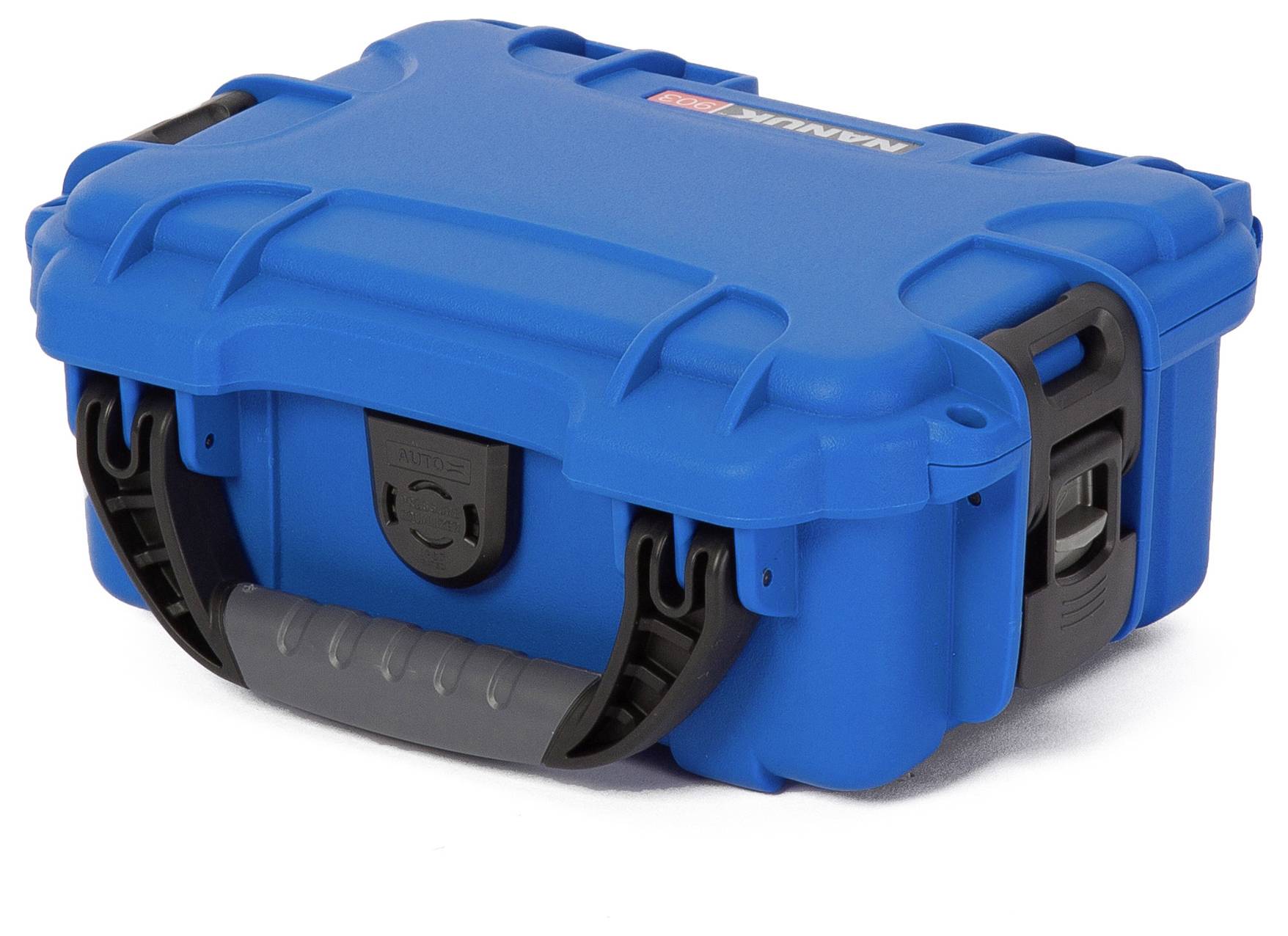 Niebieski, wytrzymały futerał ochronny z czarną rączką i zamknięciami. Idealny do bezpiecznego transportu delikatnych przedmiotów.