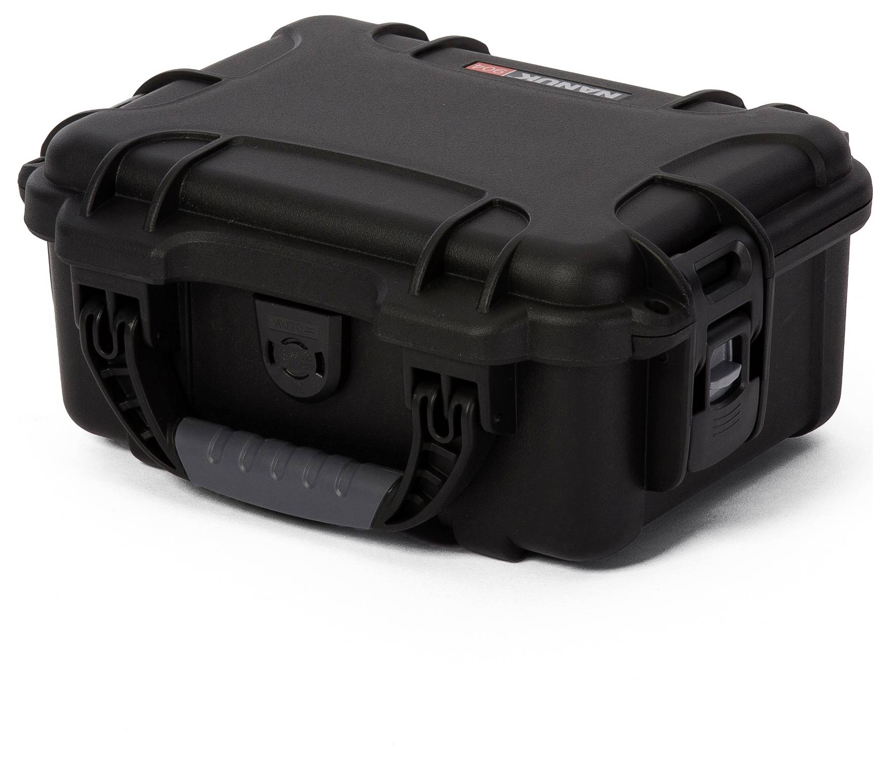 Czarny, wytrzymały futerał ochronny z zamkami i uchwytem, odpowiedni do bezpiecznego przechowywania i transportu delikatnych przedmiotów.