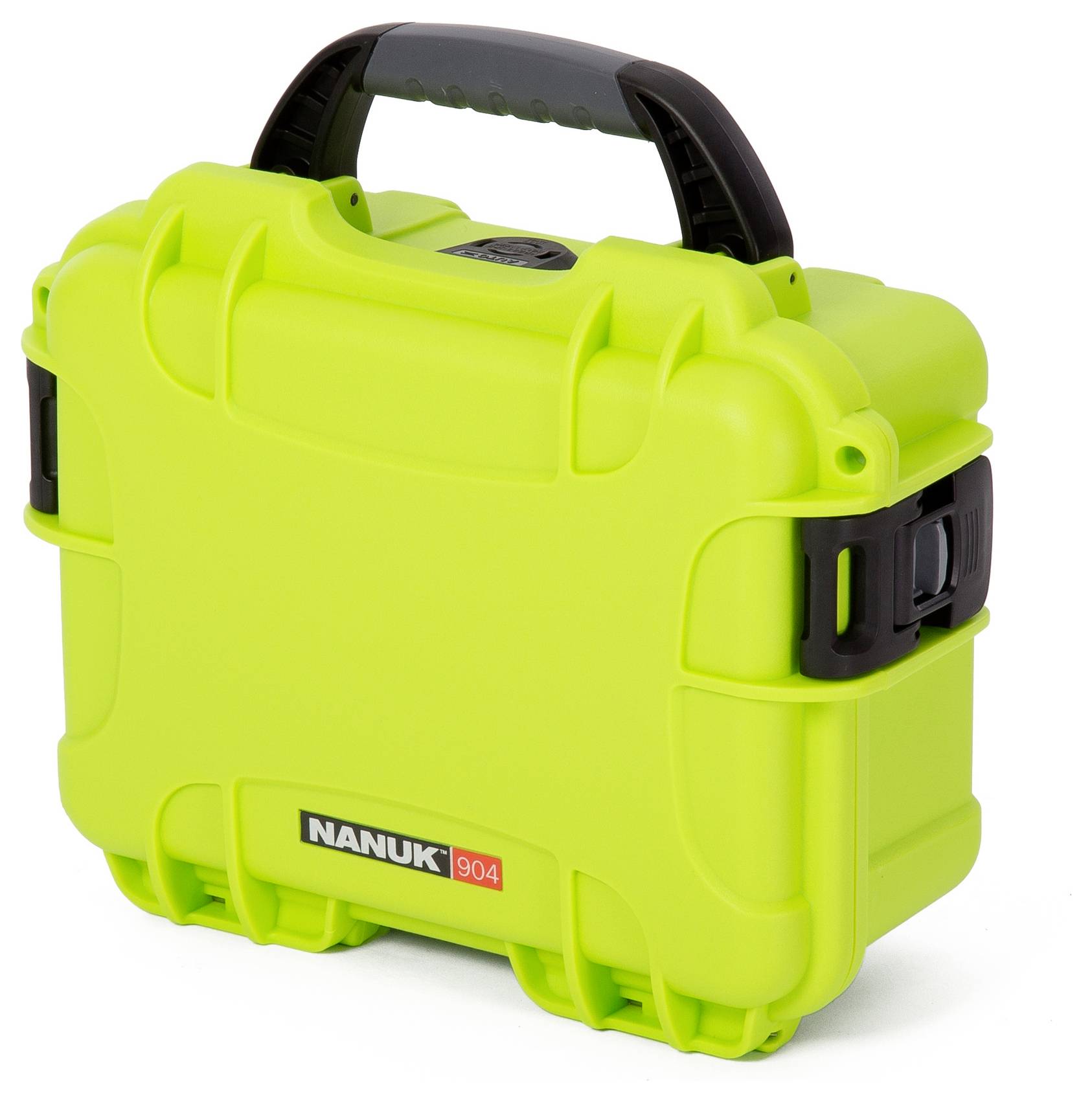 'Nanuk 904 Kufer w świecącej zieleni z czarną rączką i zamknięciami.'