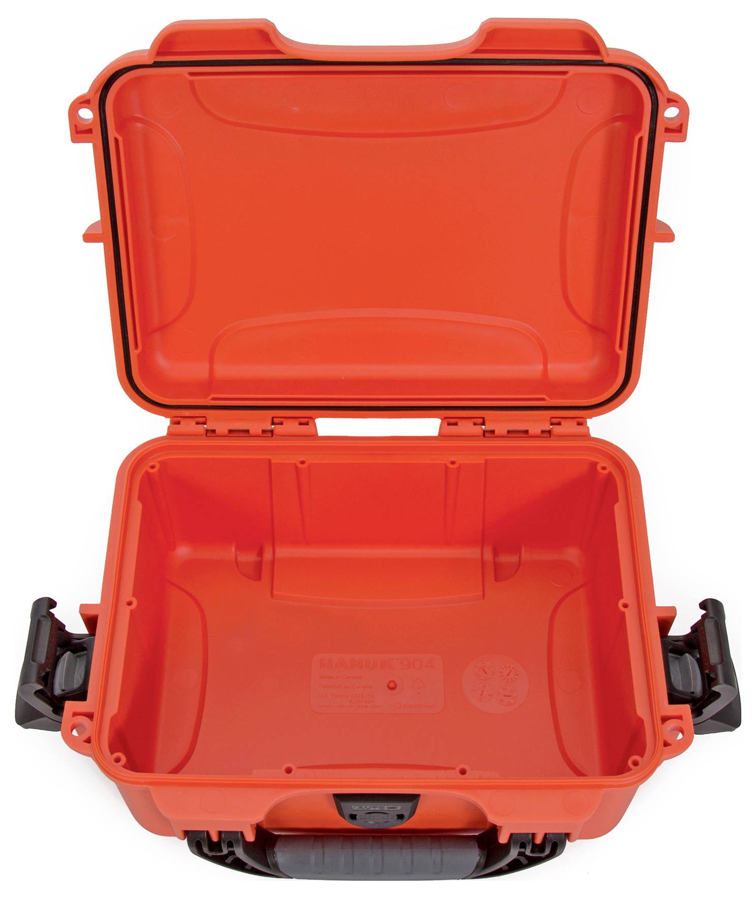 Otwarty, pusty, pomarańczowy kufer ochronny z czarnymi uchwytami. Idealny do bezpiecznego transportu delikatnego sprzętu.