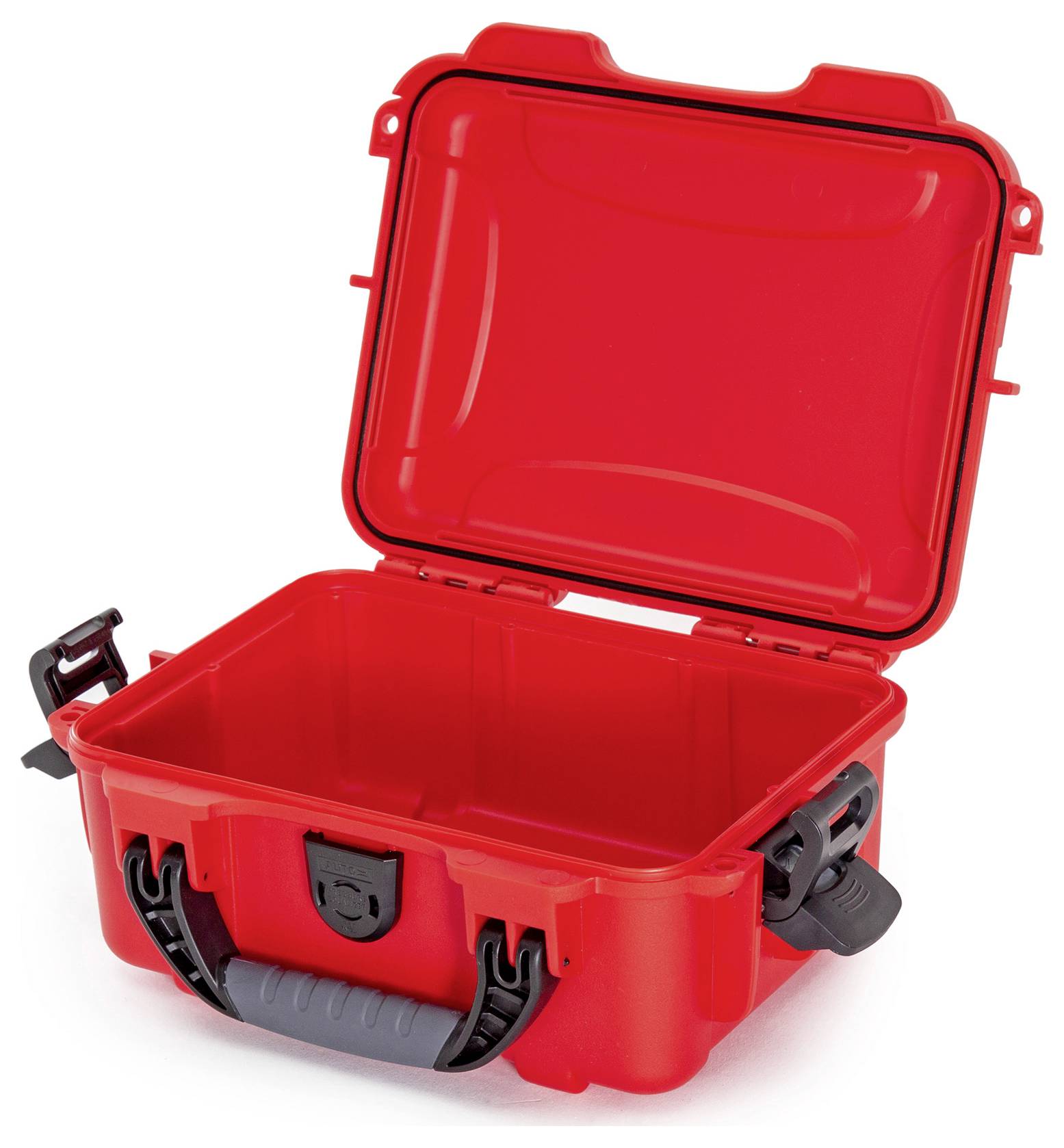 Otwarty czerwony kufer ochronny z czarną rączką i zamknięciami, odpowiedni do transportu delikatnych przedmiotów.