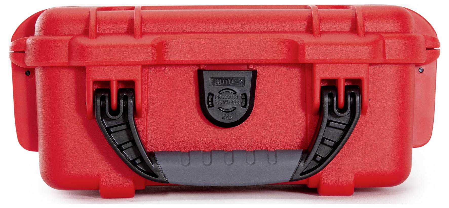 Czerwona walizka twardoskorupowa z czarną rączką i zatrzaskiem, odpowiednia do bezpiecznego transportu delikatnych urządzeń.