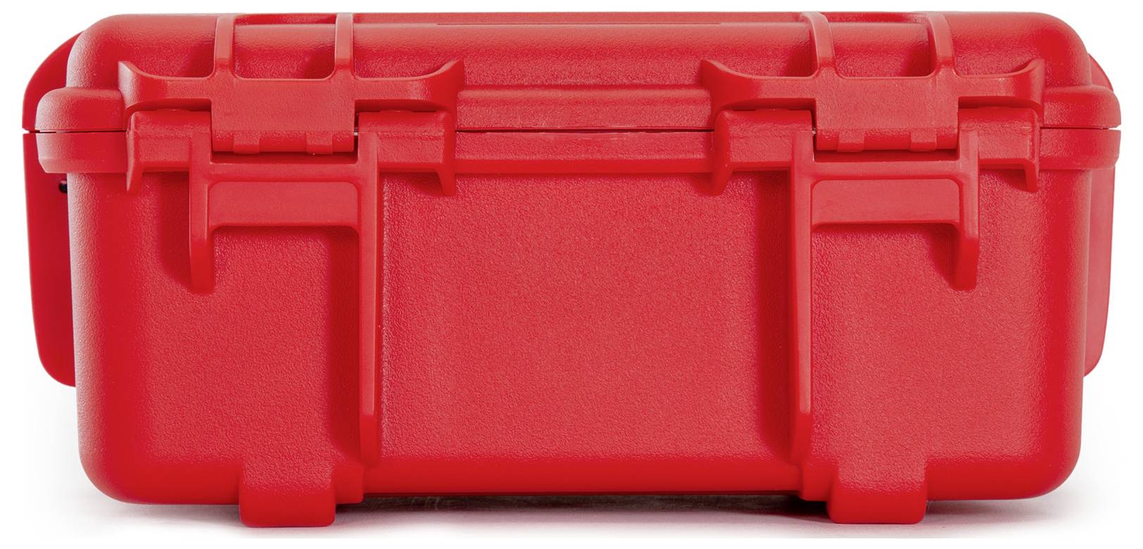 Czerwona, wytrzymała walizka transportowa z zamknięciami po bokach, odpowiednia do bezpiecznego przewozu delikatnych przedmiotów.