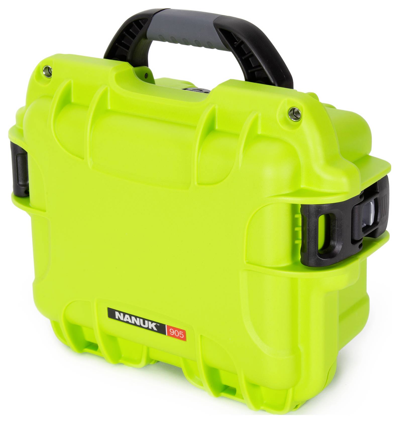 Zielony twardy kufer ochronny z czarną rączką, o wytrzymałej konstrukcji, marka 'Nanuk', model '905', idealny do bezpiecznego transportu delikatnych przedmiotów.