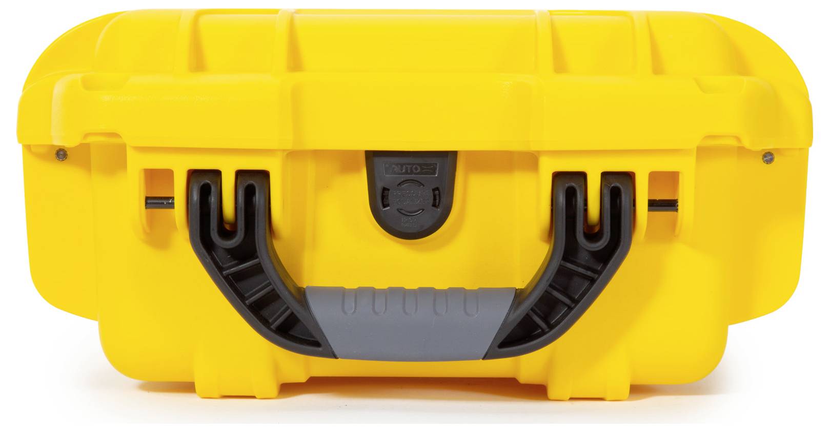 Żółta twarda walizka z czarną rączką, odpowiednia do bezpiecznego transportu wrażliwego sprzętu.