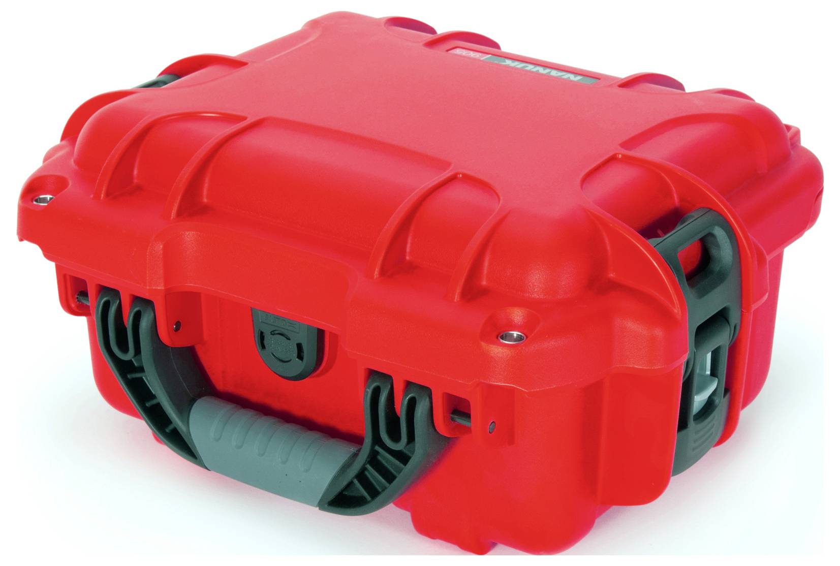 Czerwony, wytrzymały kufer z tworzywa sztucznego z czarnym uchwytem, odpowiedni do ochrony delikatnego sprzętu.