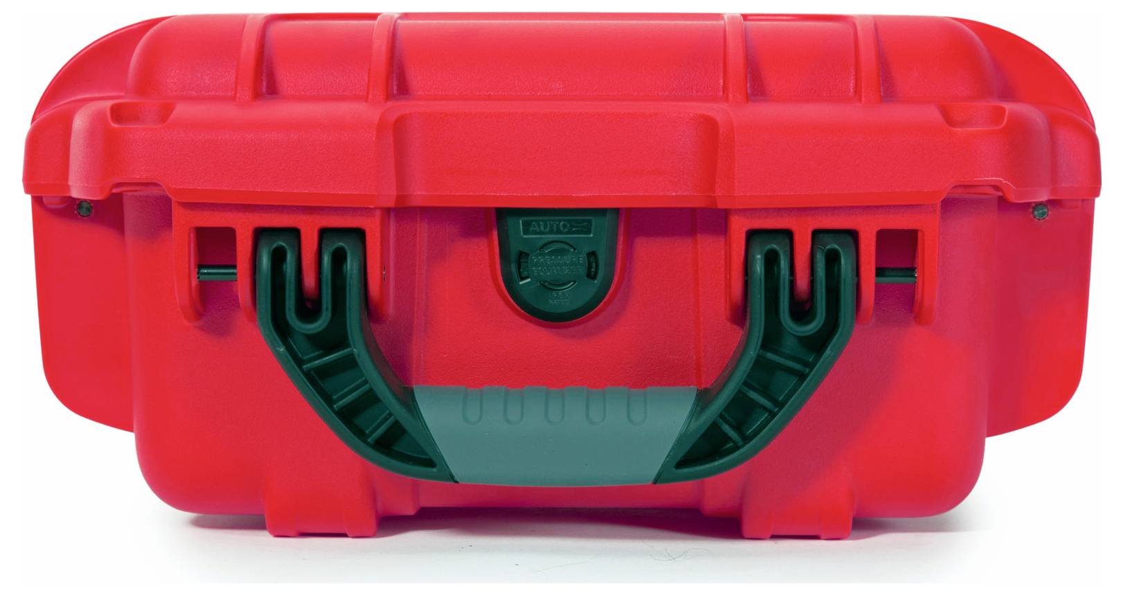 Czerwony, solidny przybornik z zielonym uchwytem i zamknięciem. Odpowiedni do bezpiecznego przechowywania narzędzi i wyposażenia.