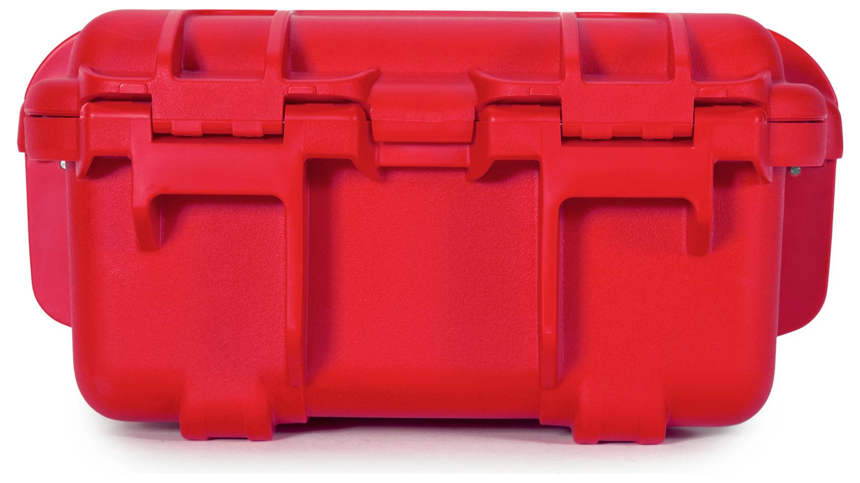 Czerwona walizka ochronna z solidnymi zamkami i wytrzymałą konstrukcją, odpowiednia do bezpiecznego transportu delikatnych przedmiotów.