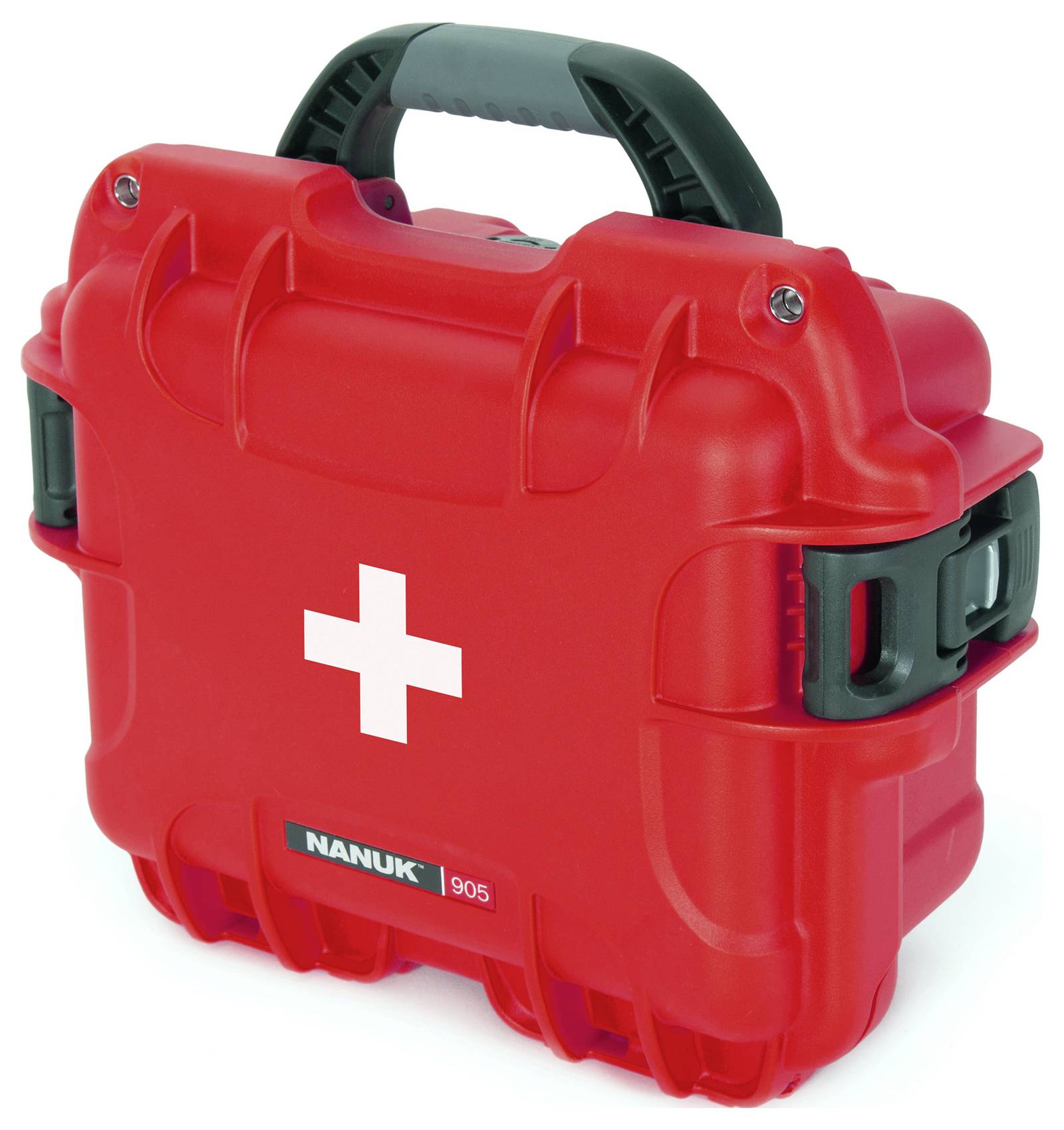 Czerwona apteczka pierwszej pomocy z białym krzyżem, wykonana z wytrzymałego materiału, z uchwytem do przenoszenia, przeznaczona do przechowywania sprzętu ratunkowego.