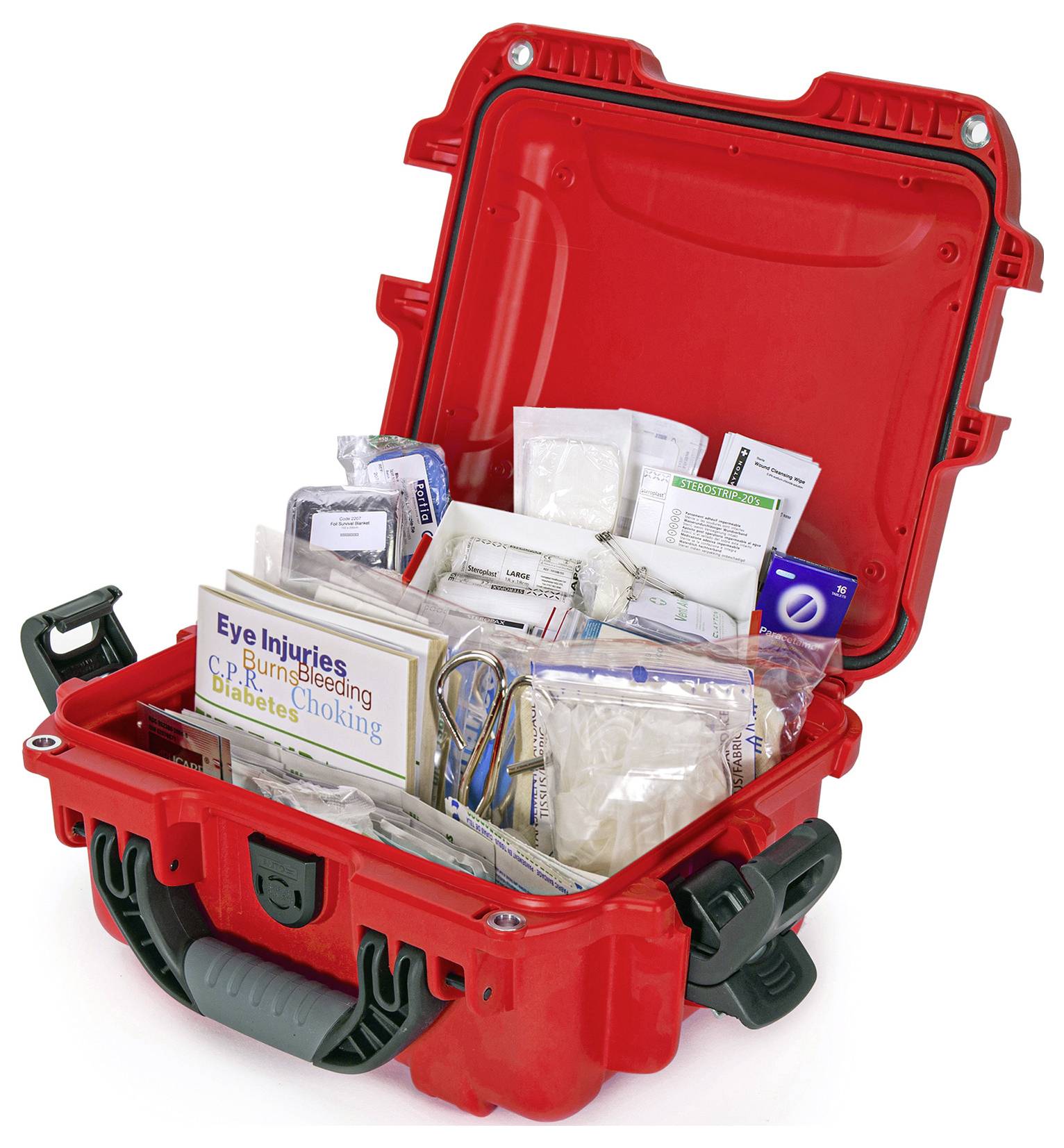 Otwarta apteczka pierwszej pomocy, wypełniona różnymi produktami medycznymi i broszurami dotyczącymi urazów oczu oraz innych nagłych wypadków.