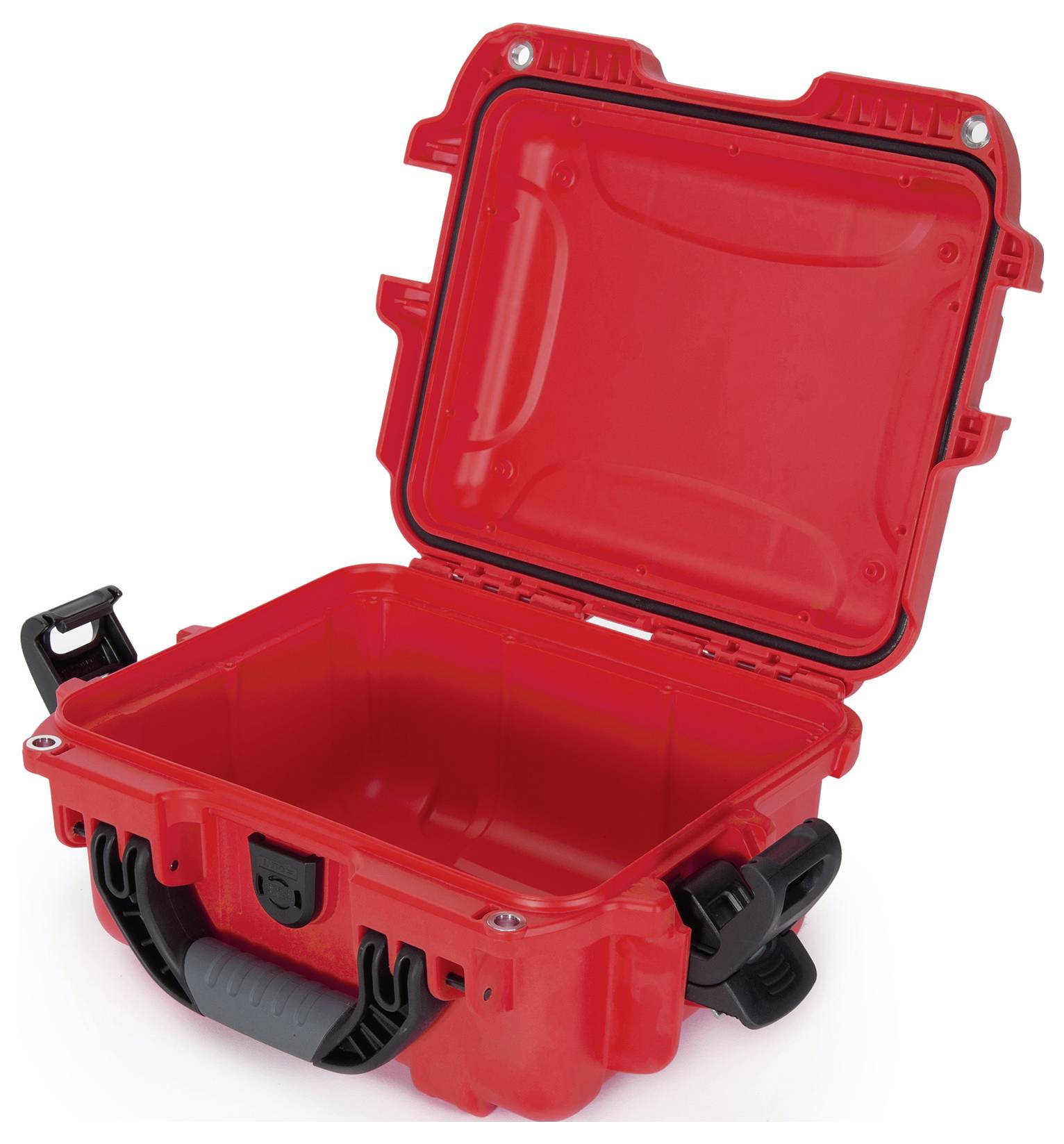Czerwony, otwarty plastikowy kufer z uchwytem i zamkami, gotowy do przechowywania przedmiotów.